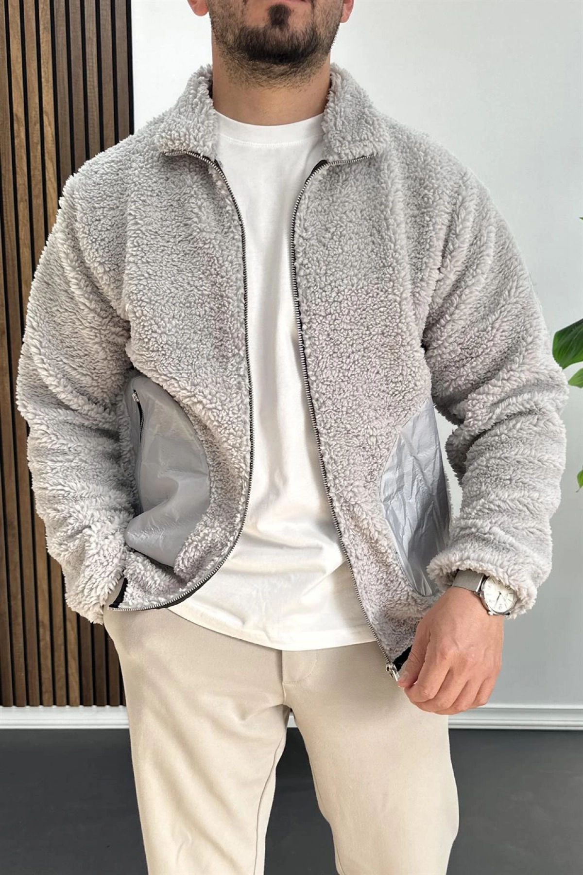 Erkek Cep Detaylı Peluş Hırka Gri Edw432