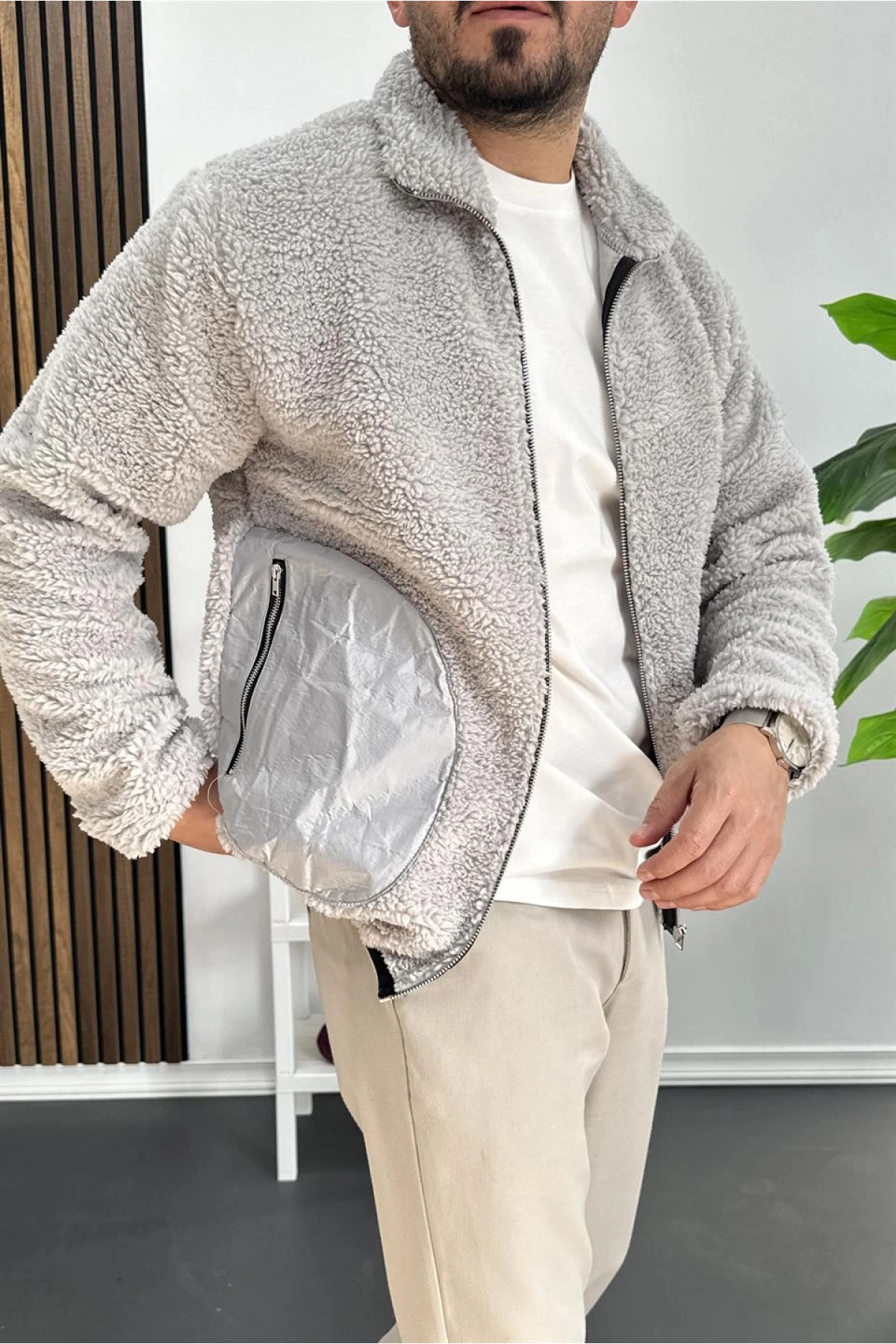 Erkek Cep Detaylı Peluş Hırka Gri Edw432