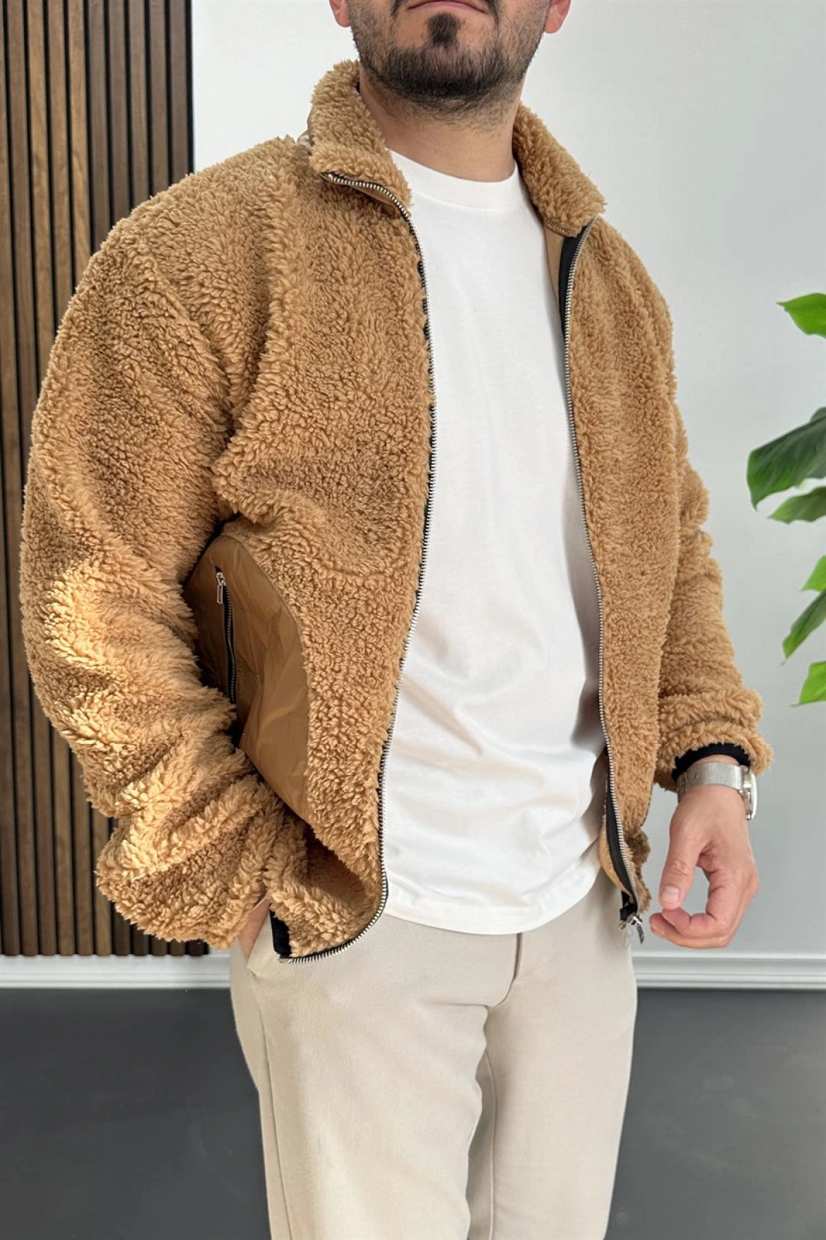 Erkek Cep Detaylı Peluş Hırka Kahverengi Edw432