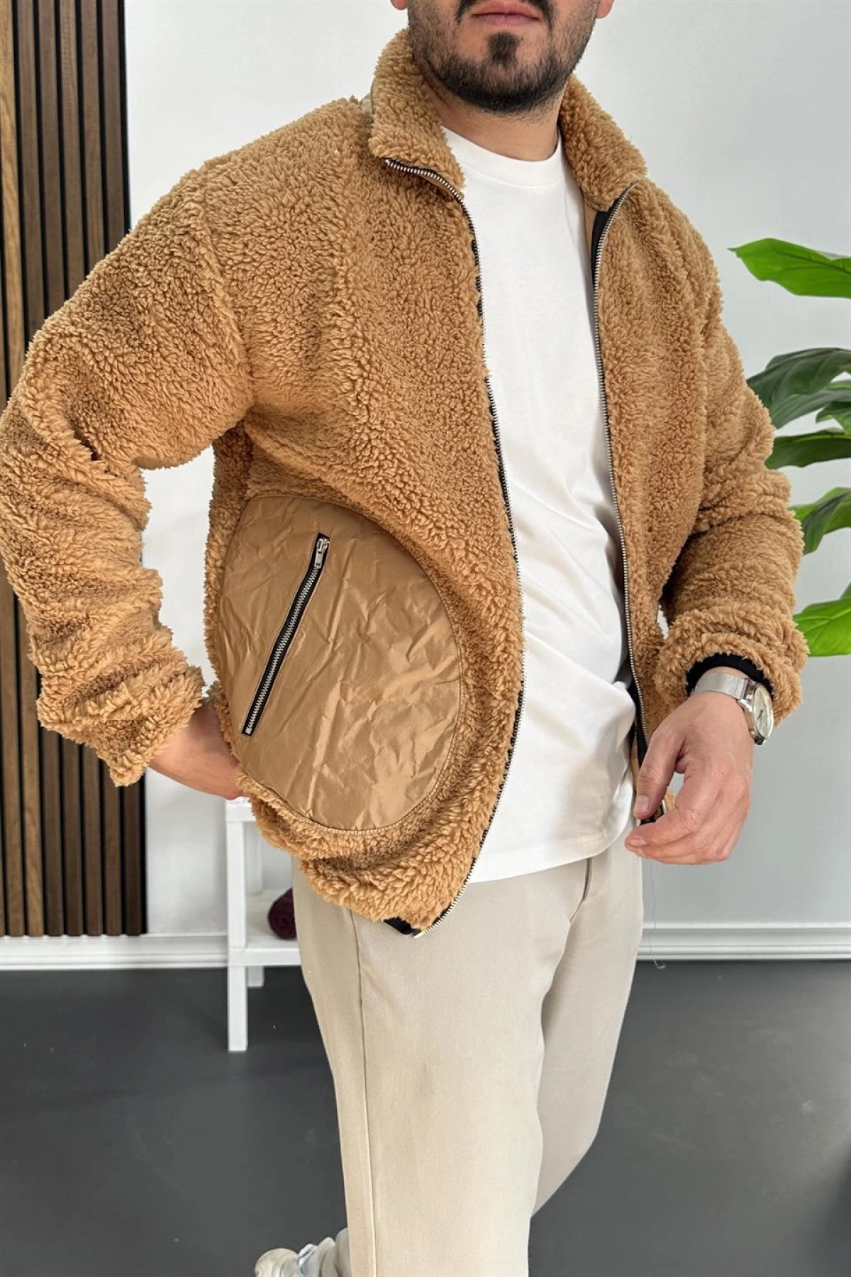 Erkek Cep Detaylı Peluş Hırka Kahverengi Edw432