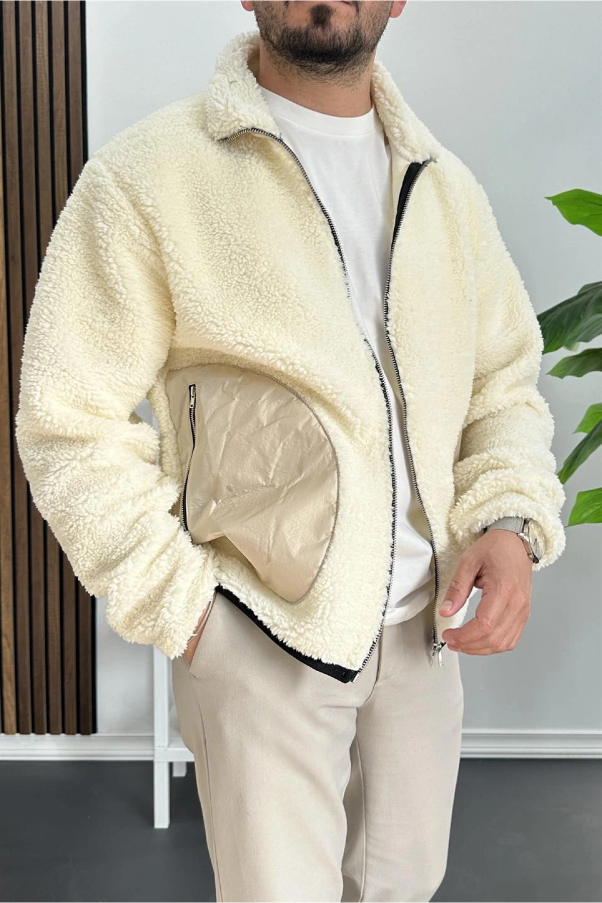 Erkek Cep Detaylı Peluş Hırka Krem Edw432