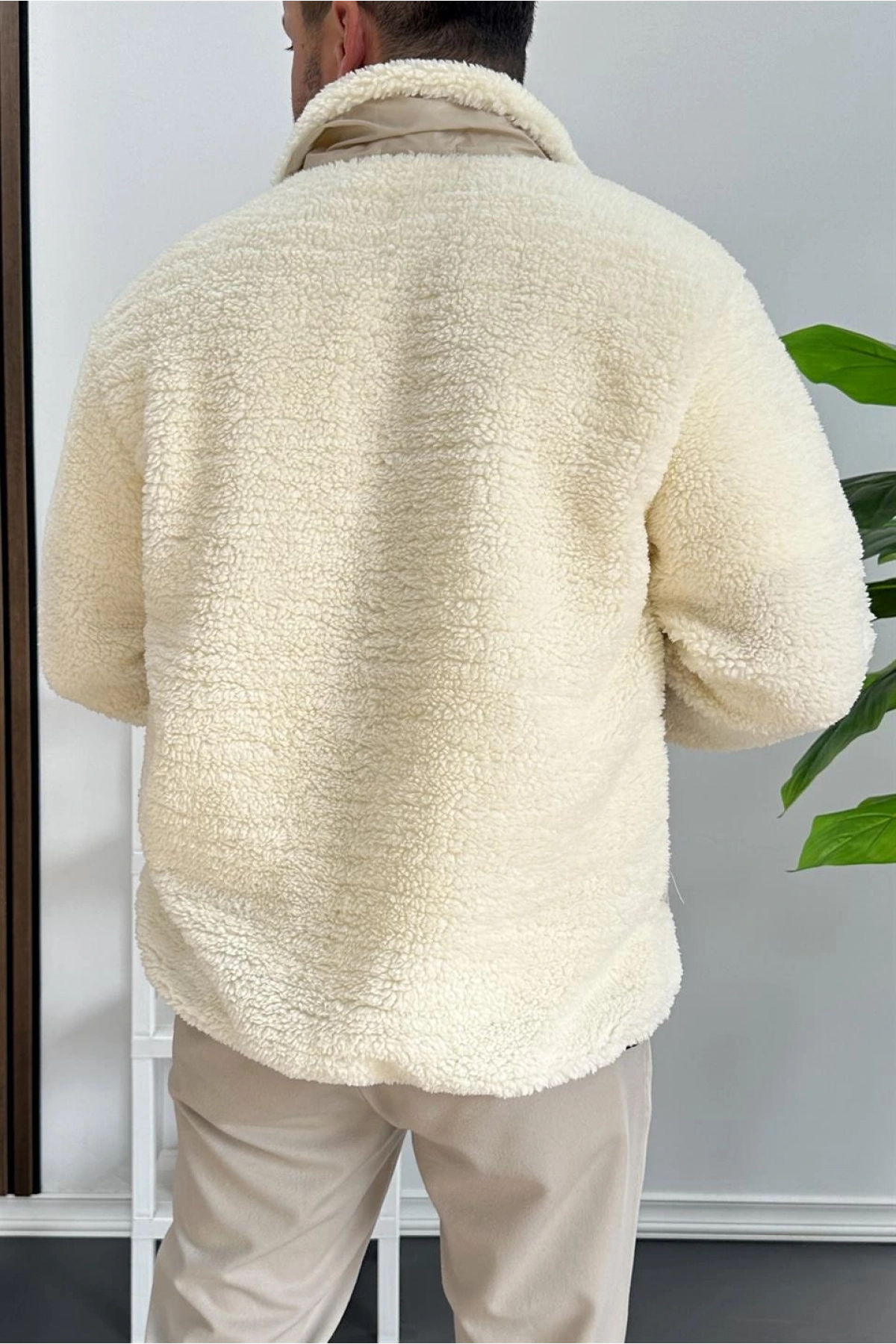 Erkek Cep Detaylı Peluş Hırka Krem Edw432