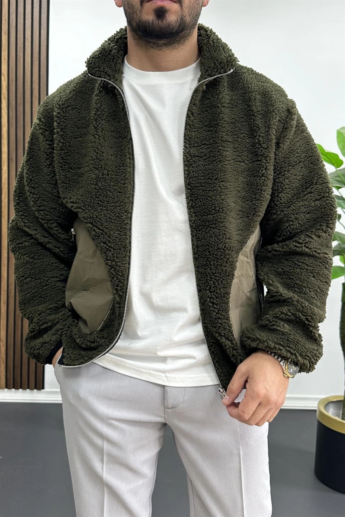 Erkek Cep Detaylı Peluş Hırka Yeşil Edw432