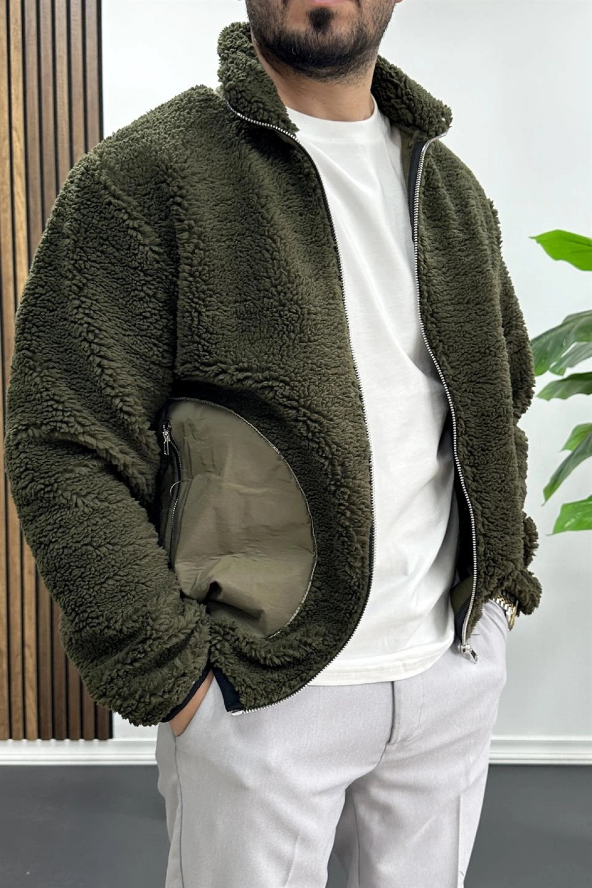 Erkek Cep Detaylı Peluş Hırka Yeşil Edw432