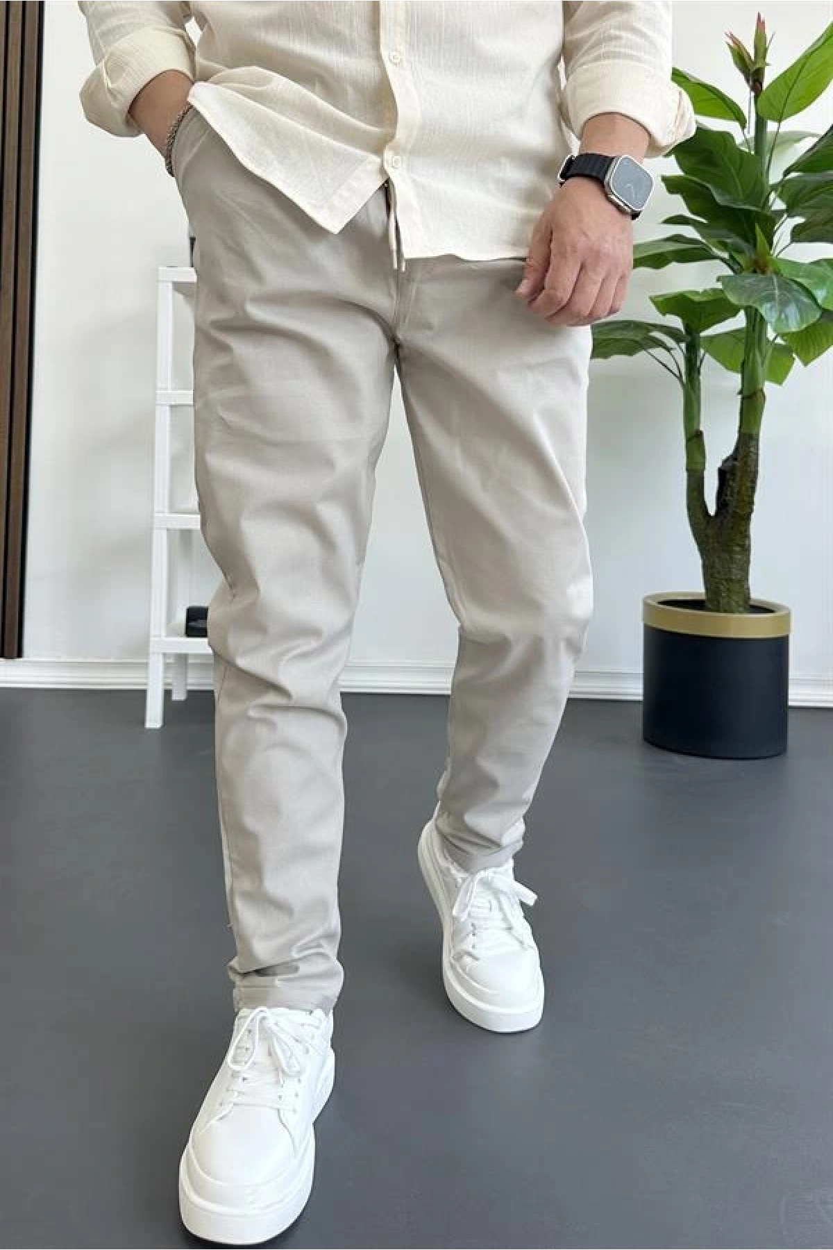 Erkek Dar Paça Jogger Pantolon Bej Edw384