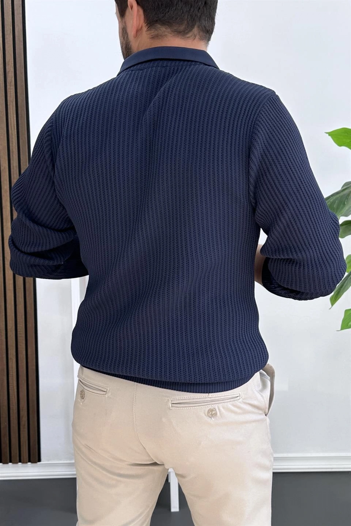 Erkek Desenli Esnek Kumaş Düğmeli Kazak Lacivert Edw429