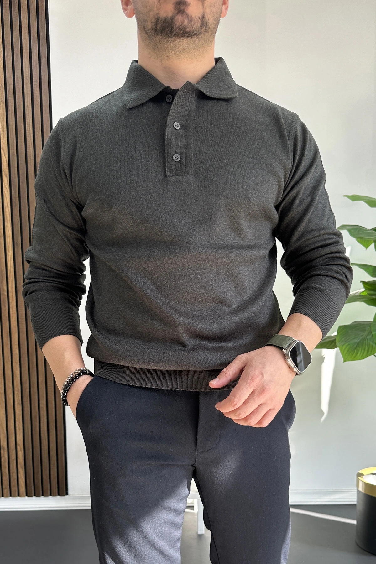 Erkek Düğmeli Polo Yaka Kazak Antrasit Edw231