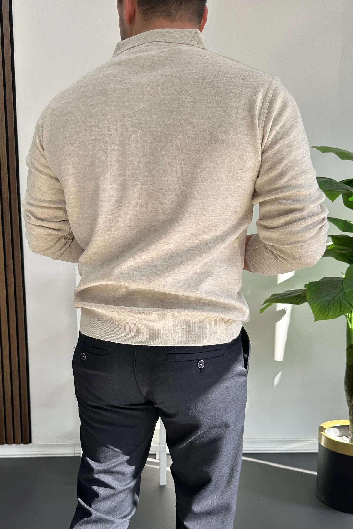Erkek Düğmeli Polo Yaka Kazak Bej Edw231