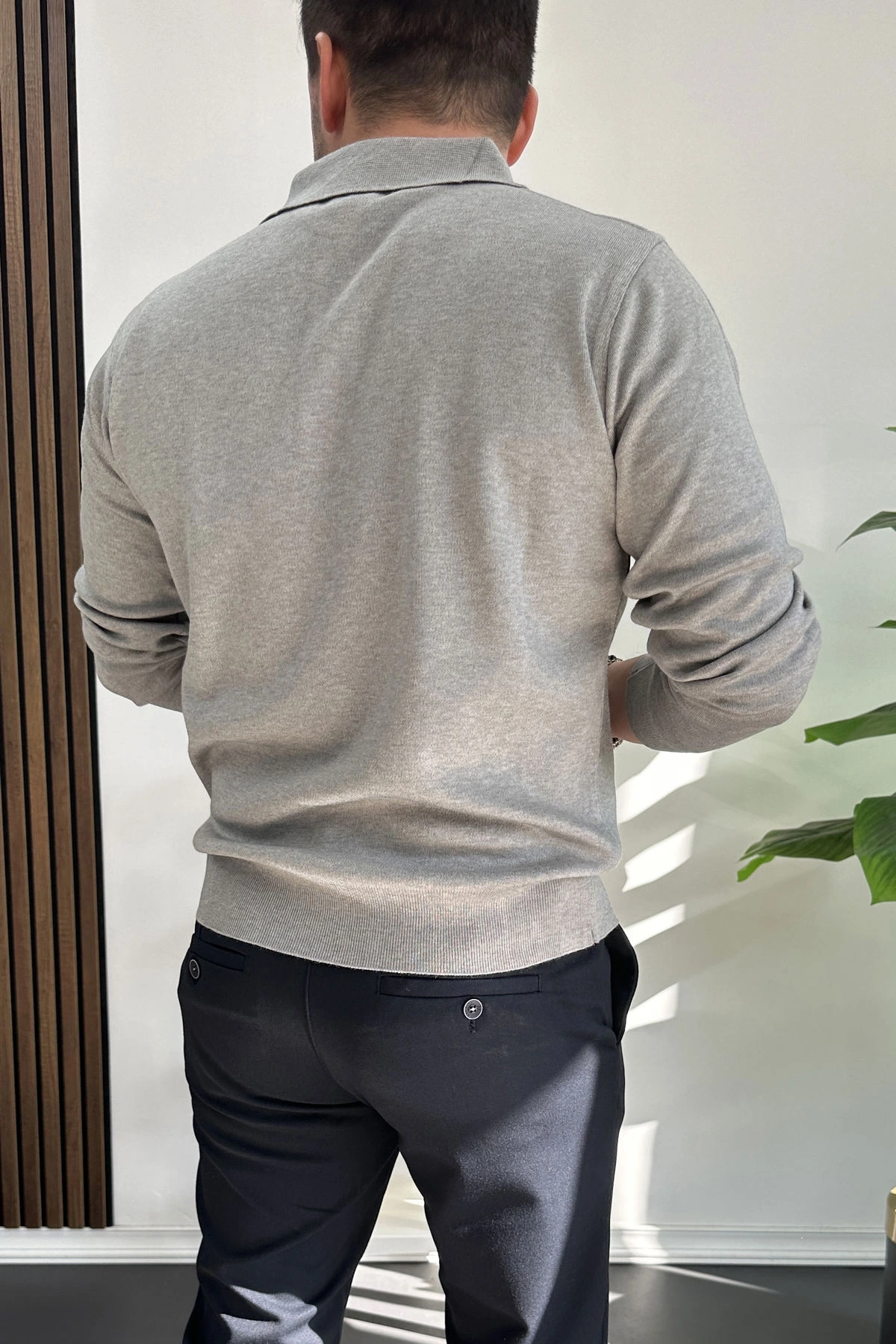 Erkek Düğmeli Polo Yaka Kazak Gri Edw231