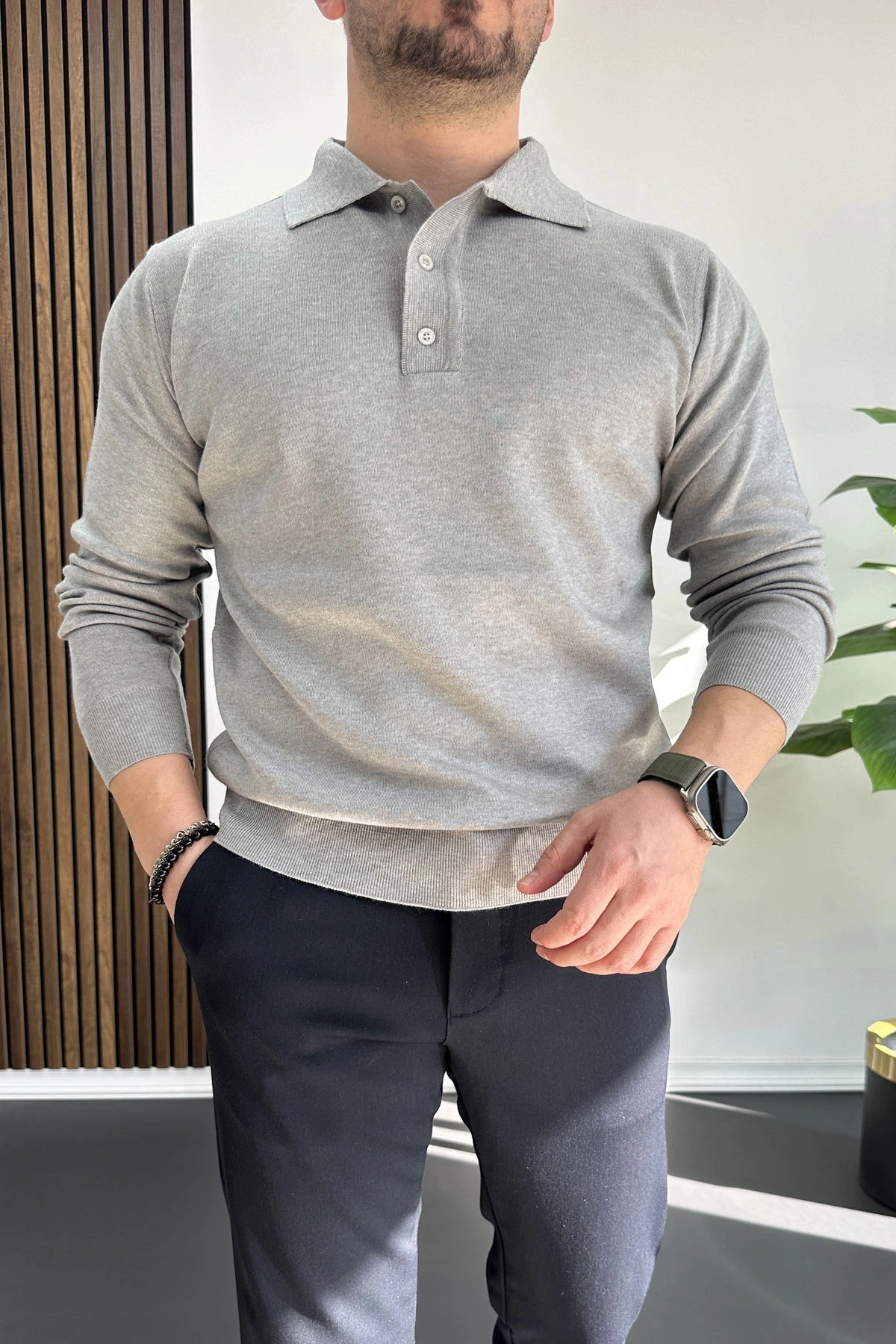 Erkek Düğmeli Polo Yaka Kazak Gri Edw231