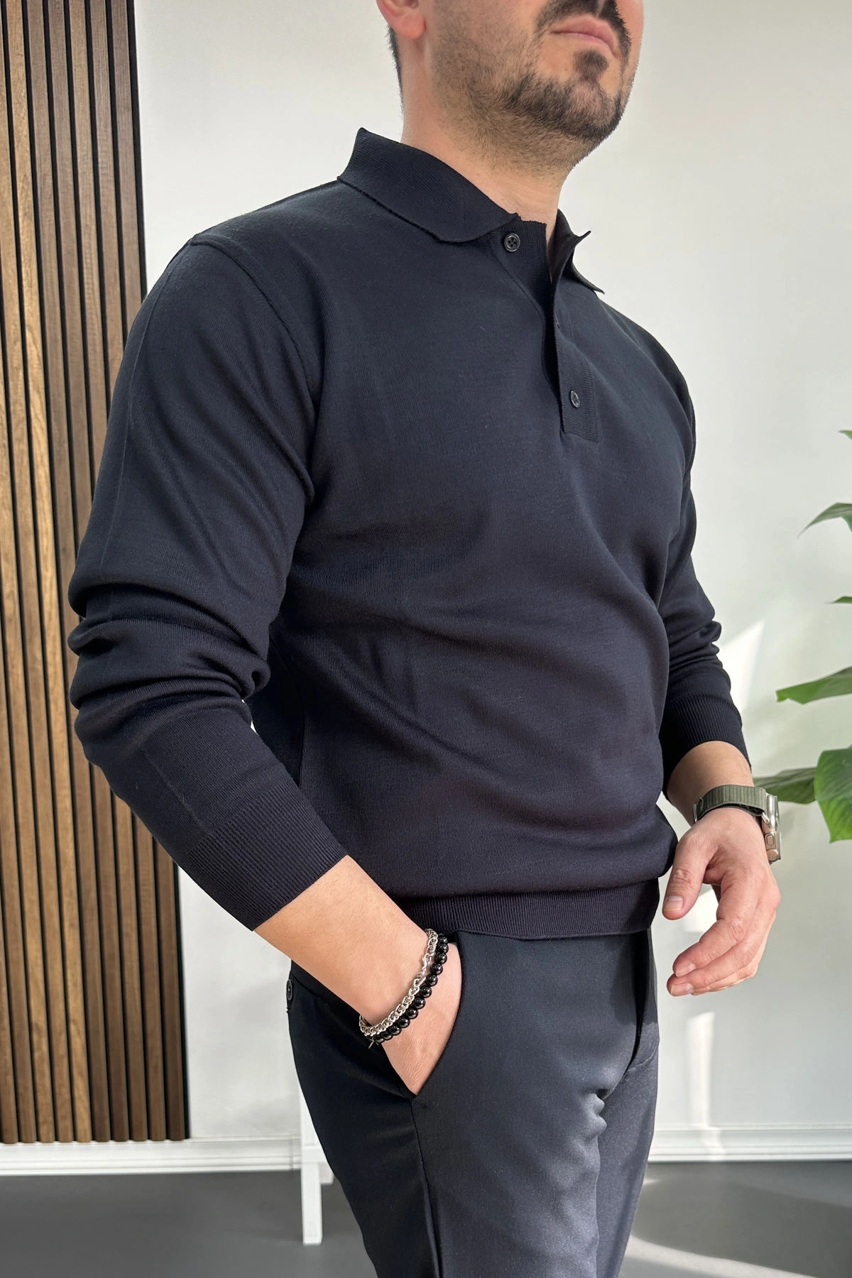 Erkek Düğmeli Polo Yaka Kazak Lacivert Edw231