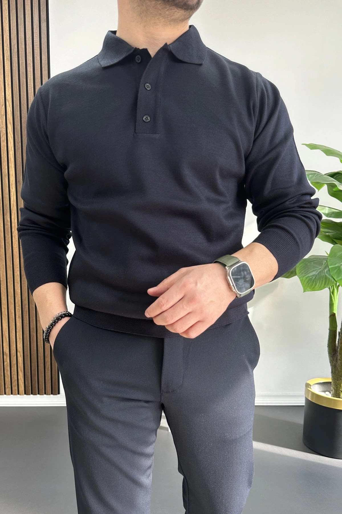 Erkek Düğmeli Polo Yaka Kazak Lacivert Edw231