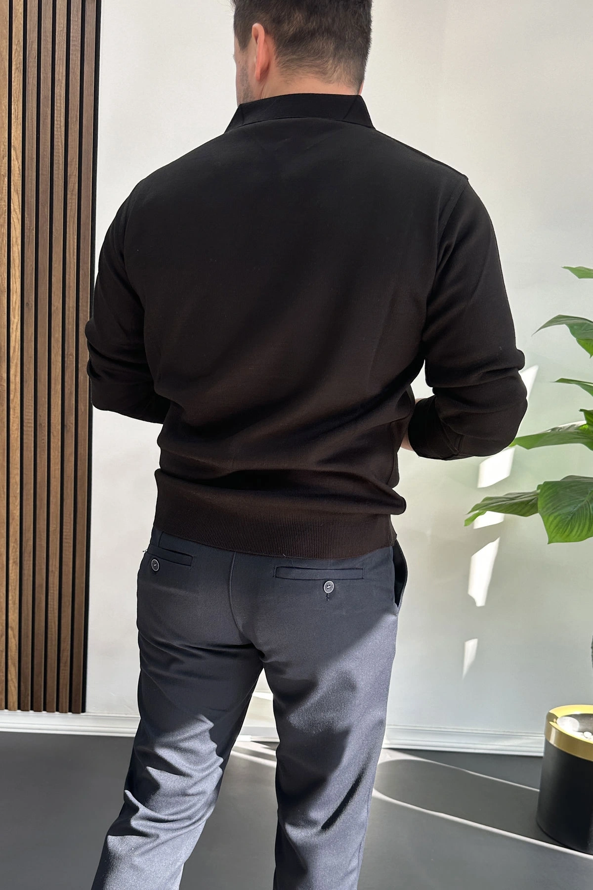 Erkek Düğmeli Polo Yaka Kazak Siyah Edw231
