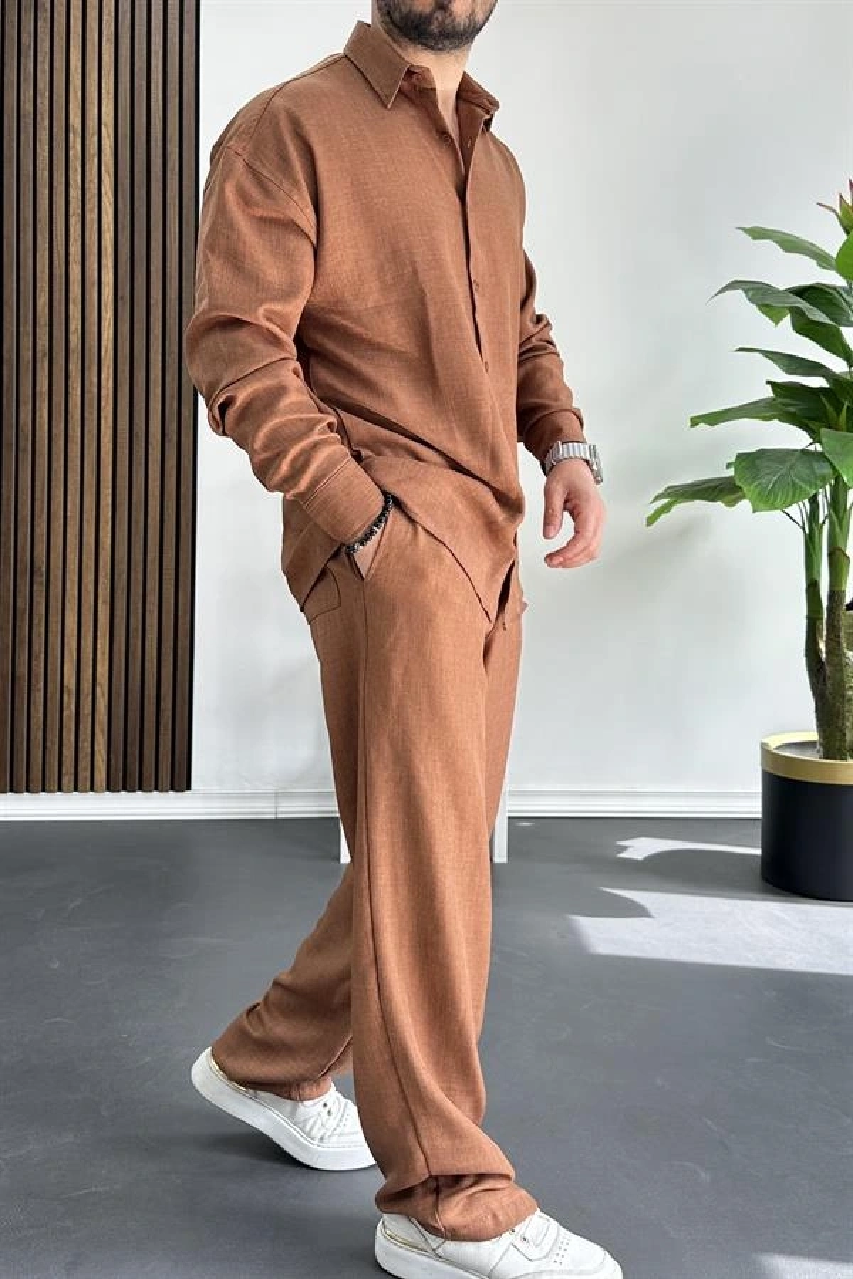 Erkek Gömlek Pantolon Takım Kahverengi Edw268
