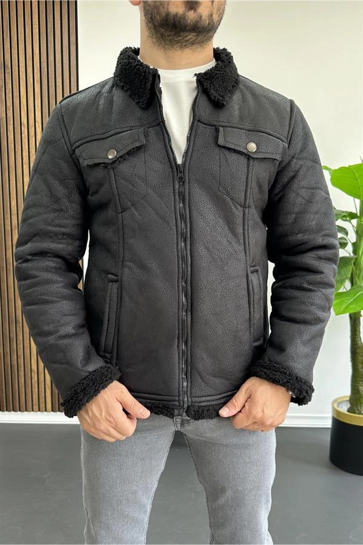Erkek İçi Kürklü Suni Pul Deri Mont Siyah Edw120