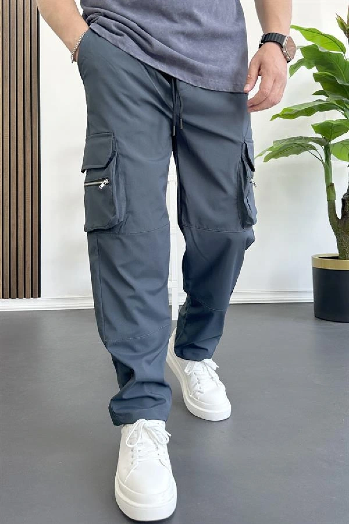 Erkek İnce Baggy Kalıp Kargo Pantolon Füme Edw164