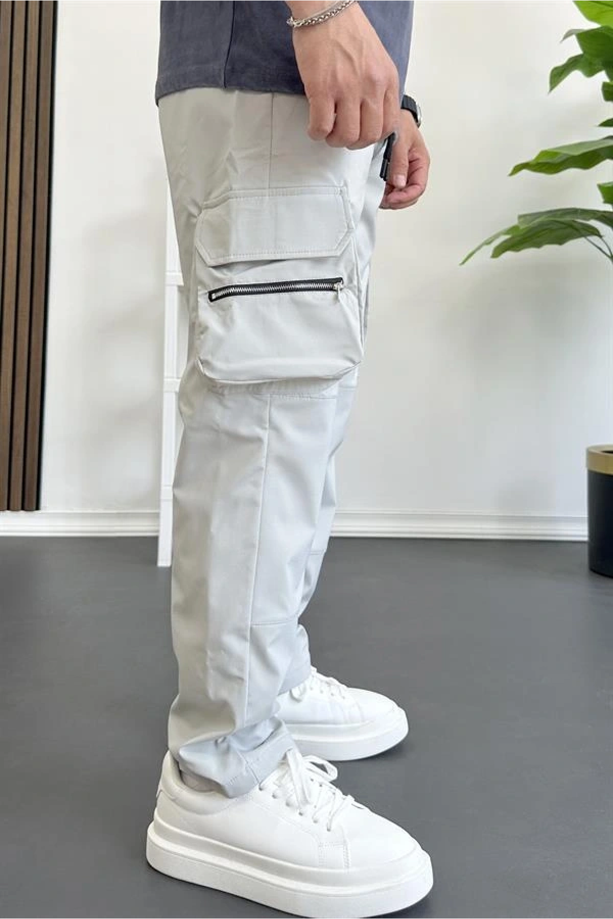 Erkek İnce Baggy Kalıp Kargo Pantolon Gri Edw164