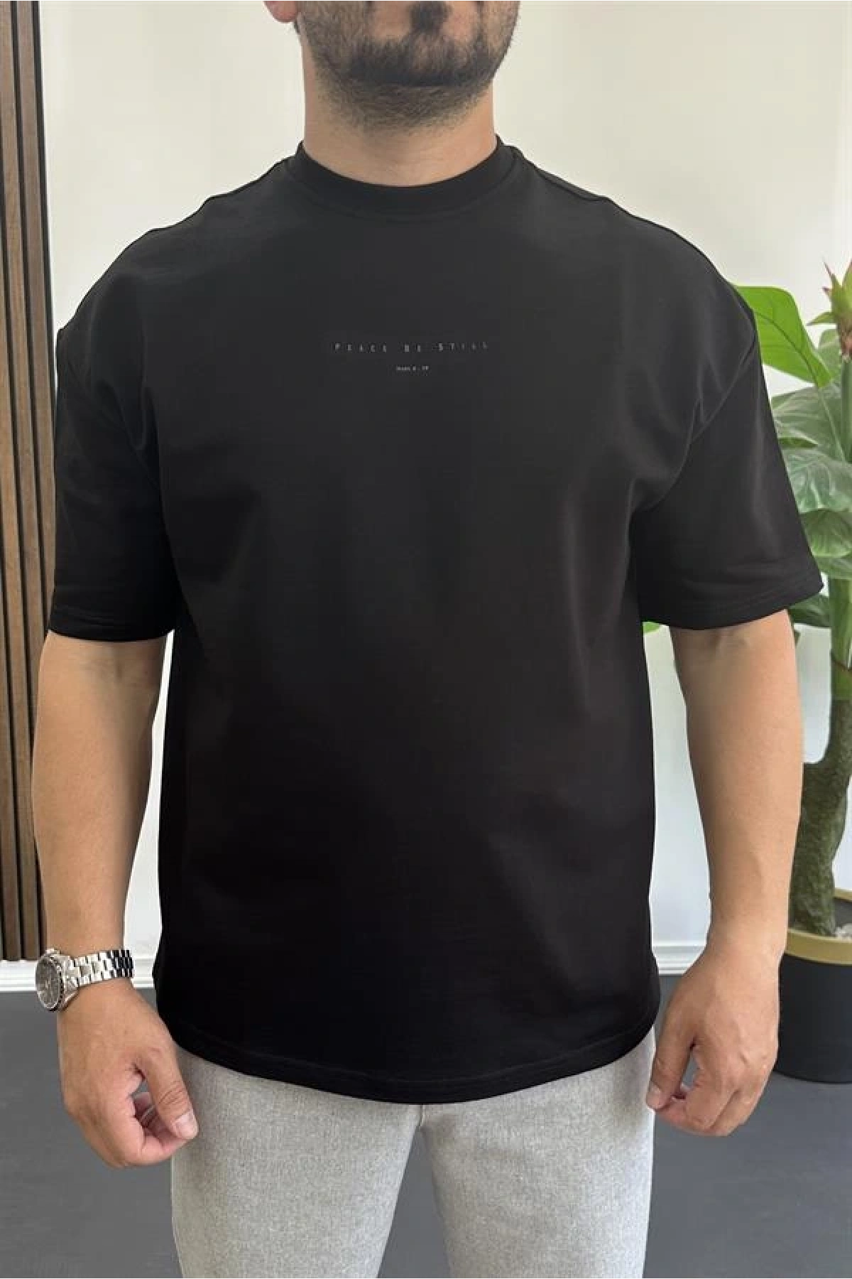 Erkek Kabartmalı Sırt Baskılı Oversize Tişört Siyah Edw390