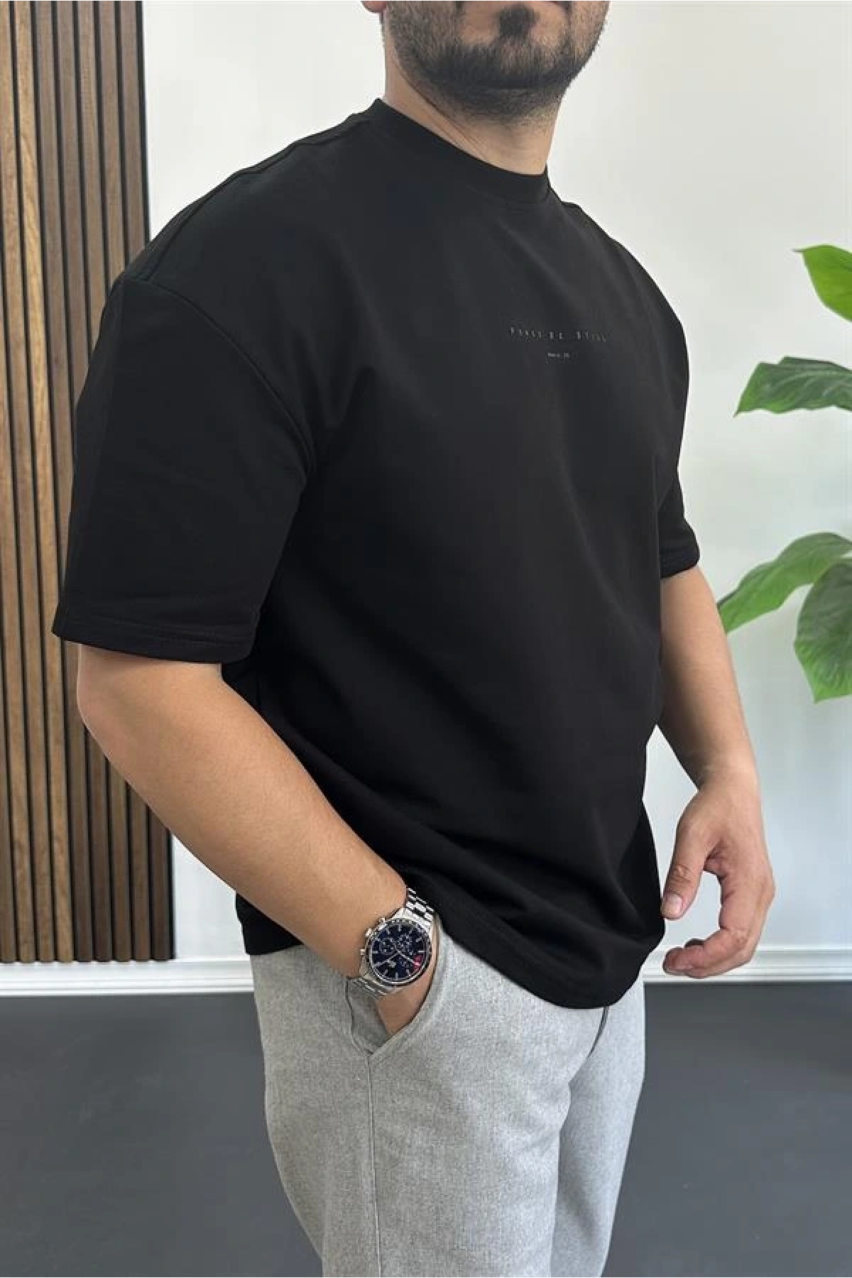 Erkek Kabartmalı Sırt Baskılı Oversize Tişört Siyah Edw390