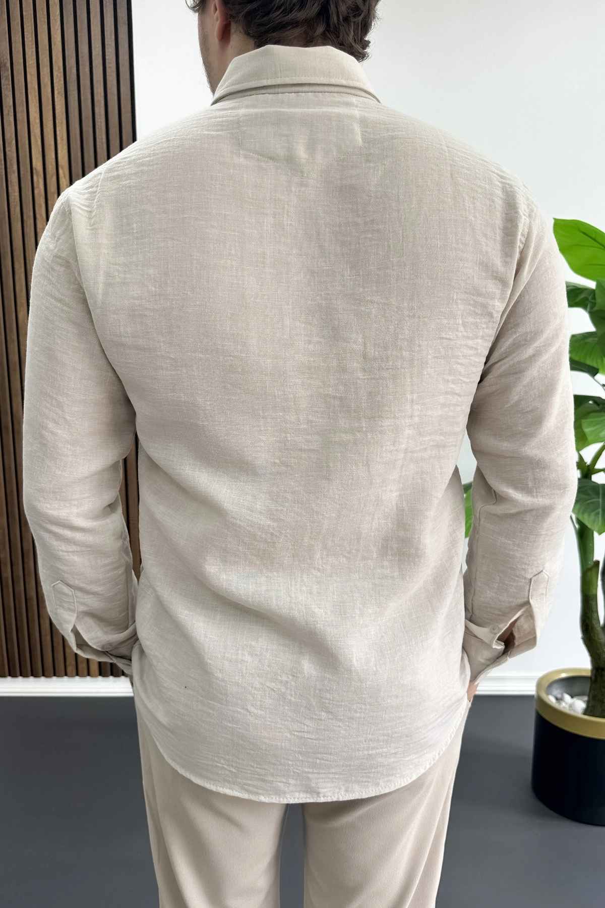 Erkek Keten Karışımlı Slim Fit Gömlek Bej Edw499