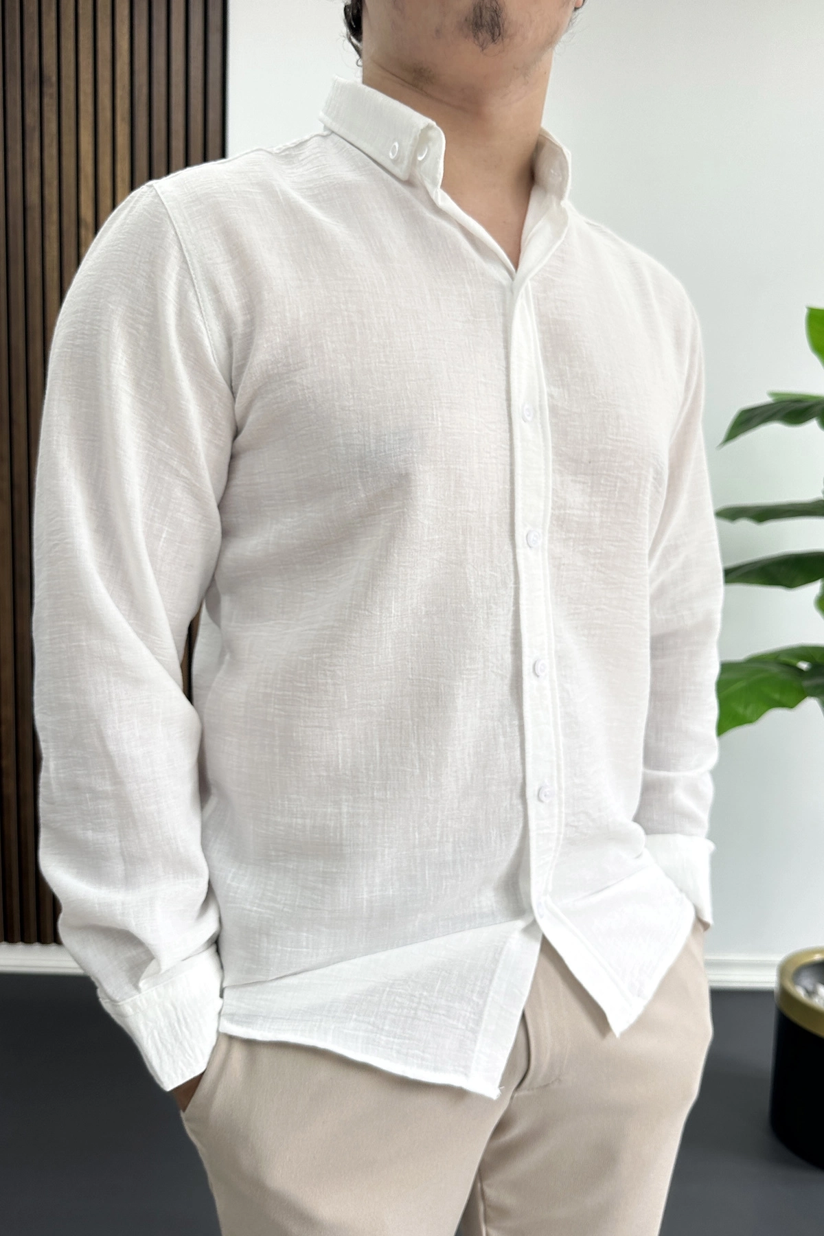 Erkek Keten Karışımlı Slim Fit Gömlek Beyaz Edw499