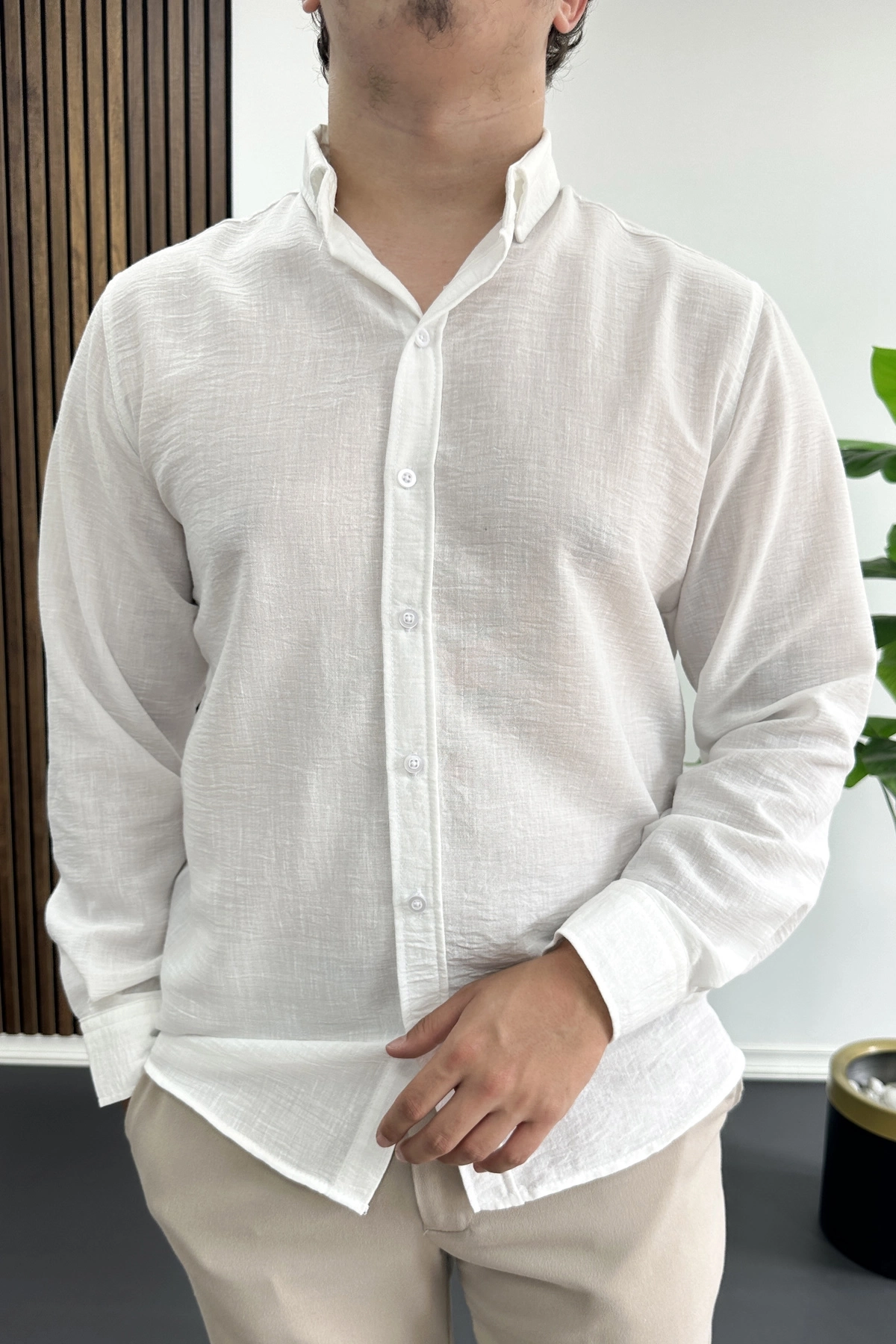 Erkek Keten Karışımlı Slim Fit Gömlek Beyaz Edw499