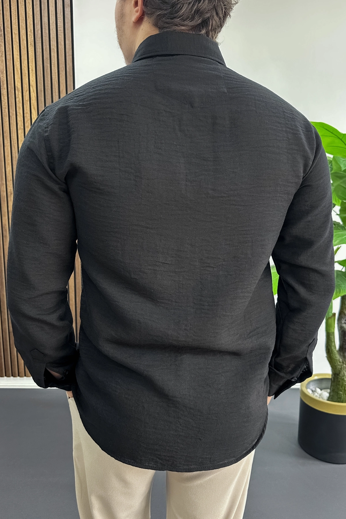 Erkek Keten Karışımlı Slim Fit Gömlek Siyah Edw499