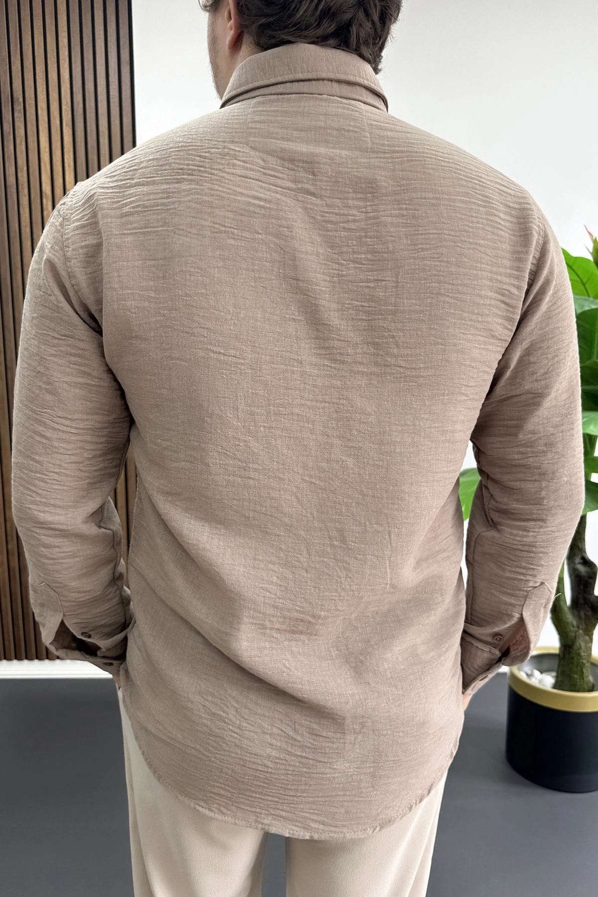 Erkek Keten Karışımlı Slim Fit Gömlek Vizon Edw499