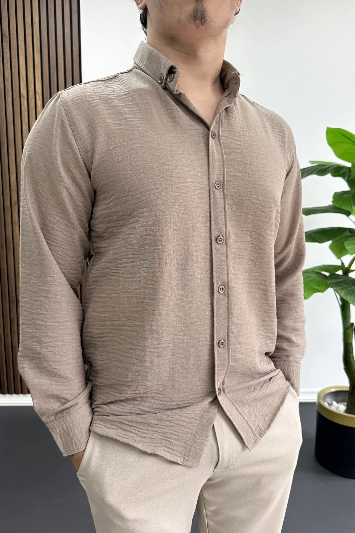 Erkek Keten Karışımlı Slim Fit Gömlek Vizon Edw499