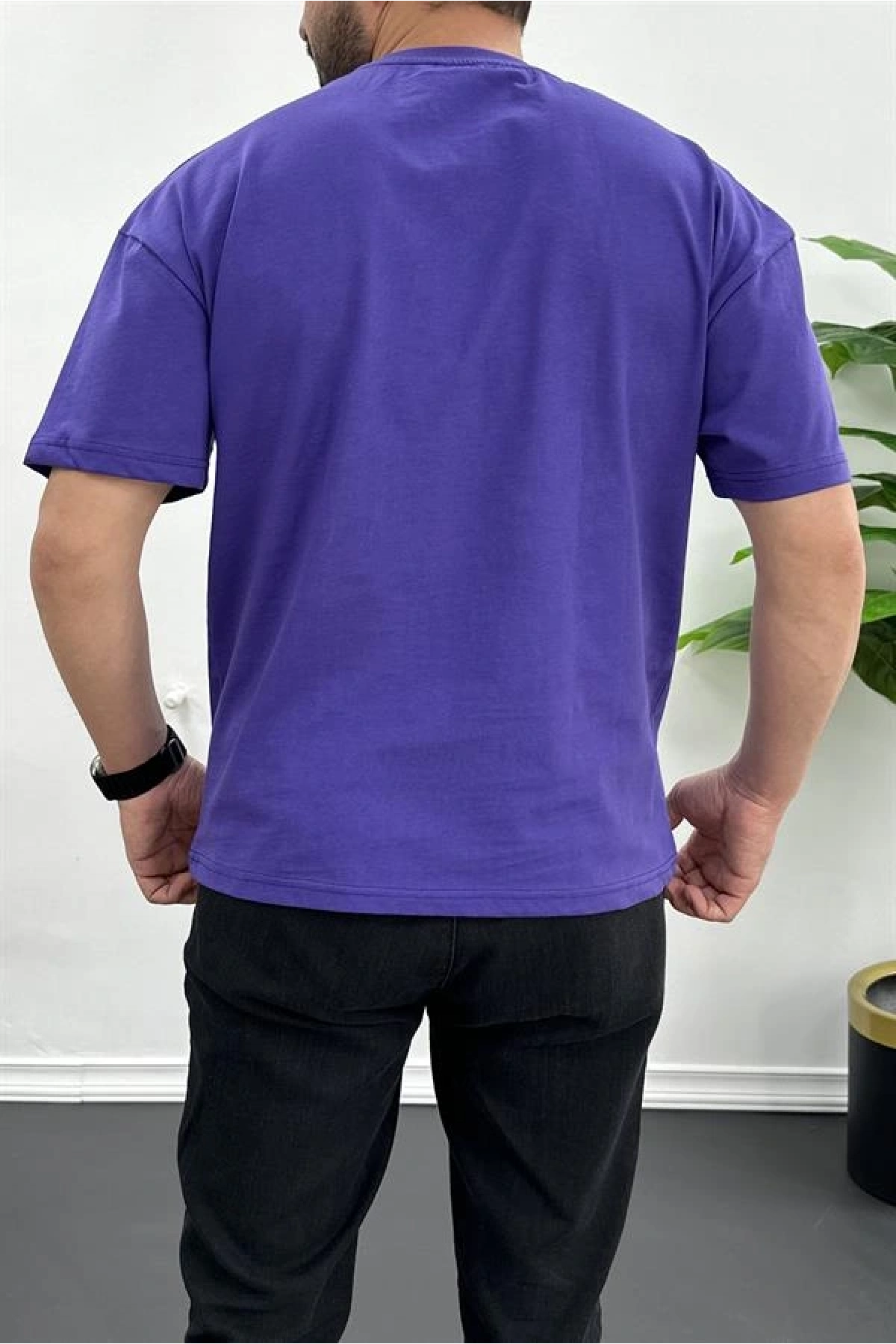 Erkek Oversize %100 Pamuk Nefes Alan Basic T-shirt Mor Edw038