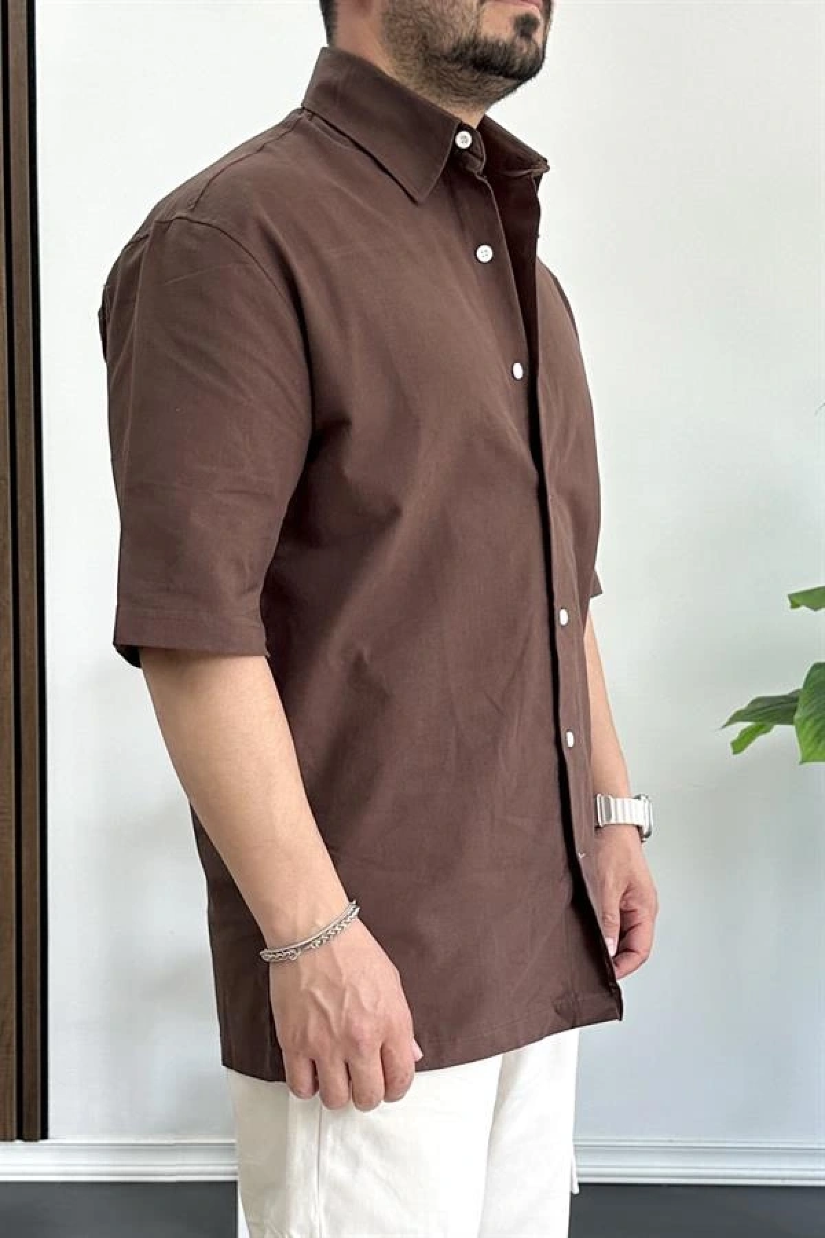 Erkek Oversize Büyük Kalıp Pamuklu Kumaş Kahverengi edw363
