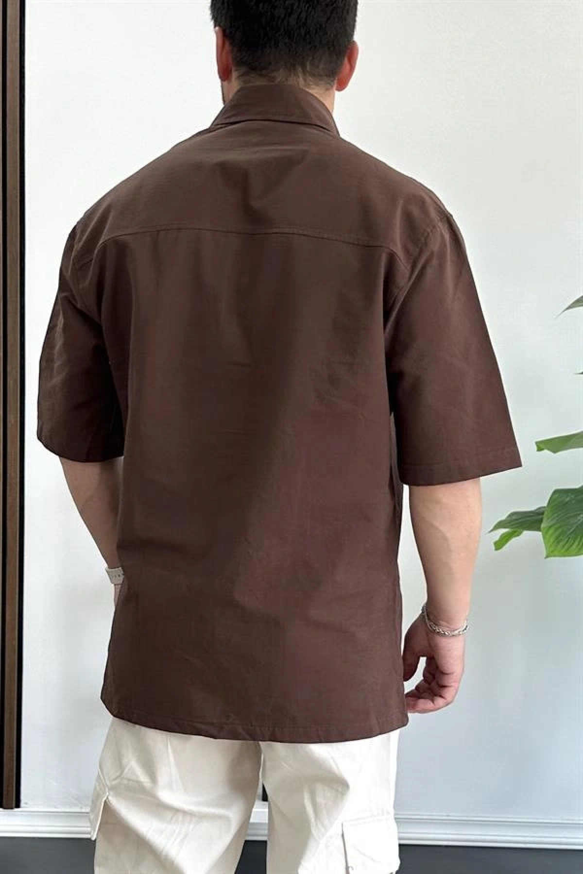 Erkek Oversize Büyük Kalıp Pamuklu Kumaş Kahverengi edw363