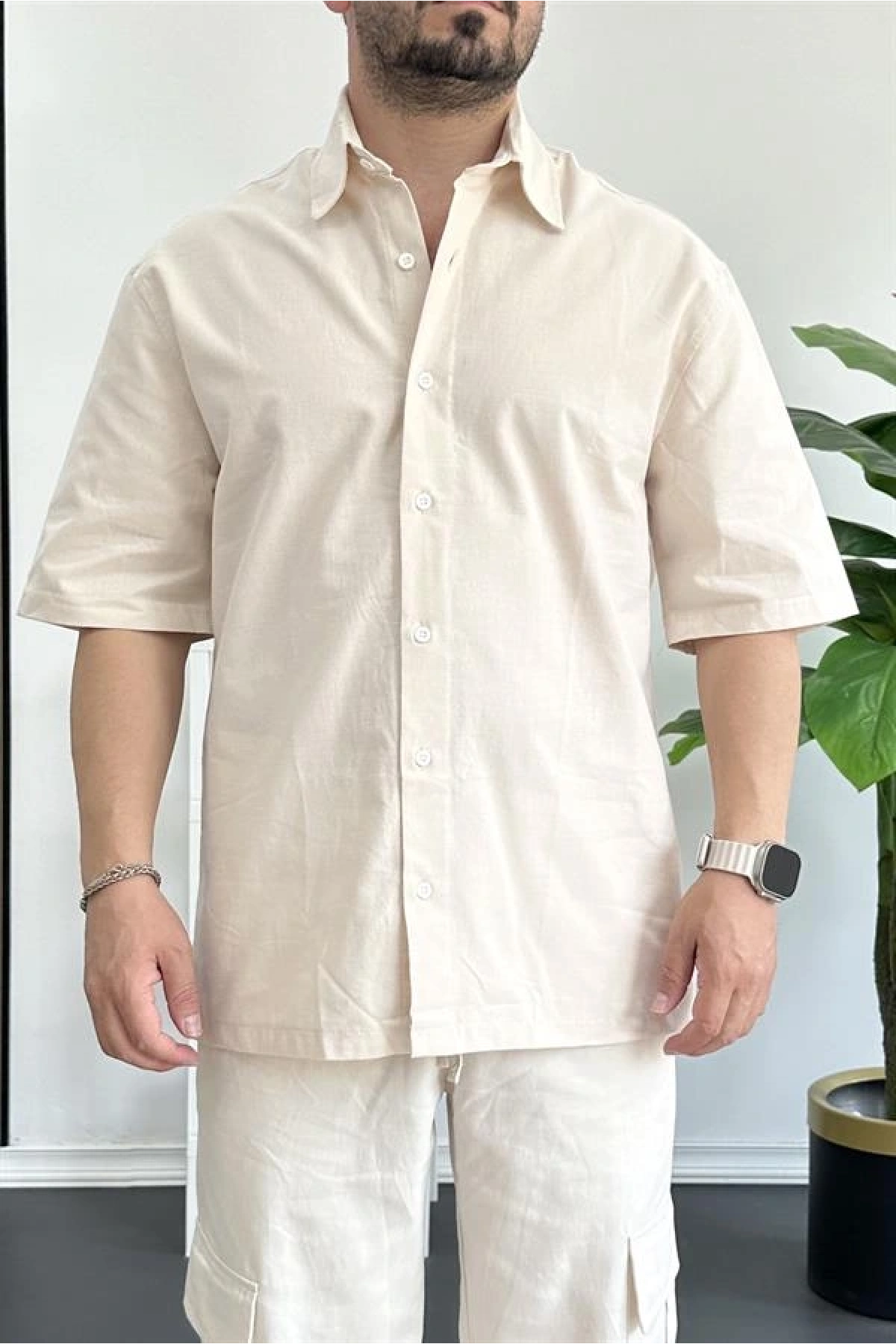 Erkek Oversize Büyük Kalıp Pamuklu Kumaş Krem edw363