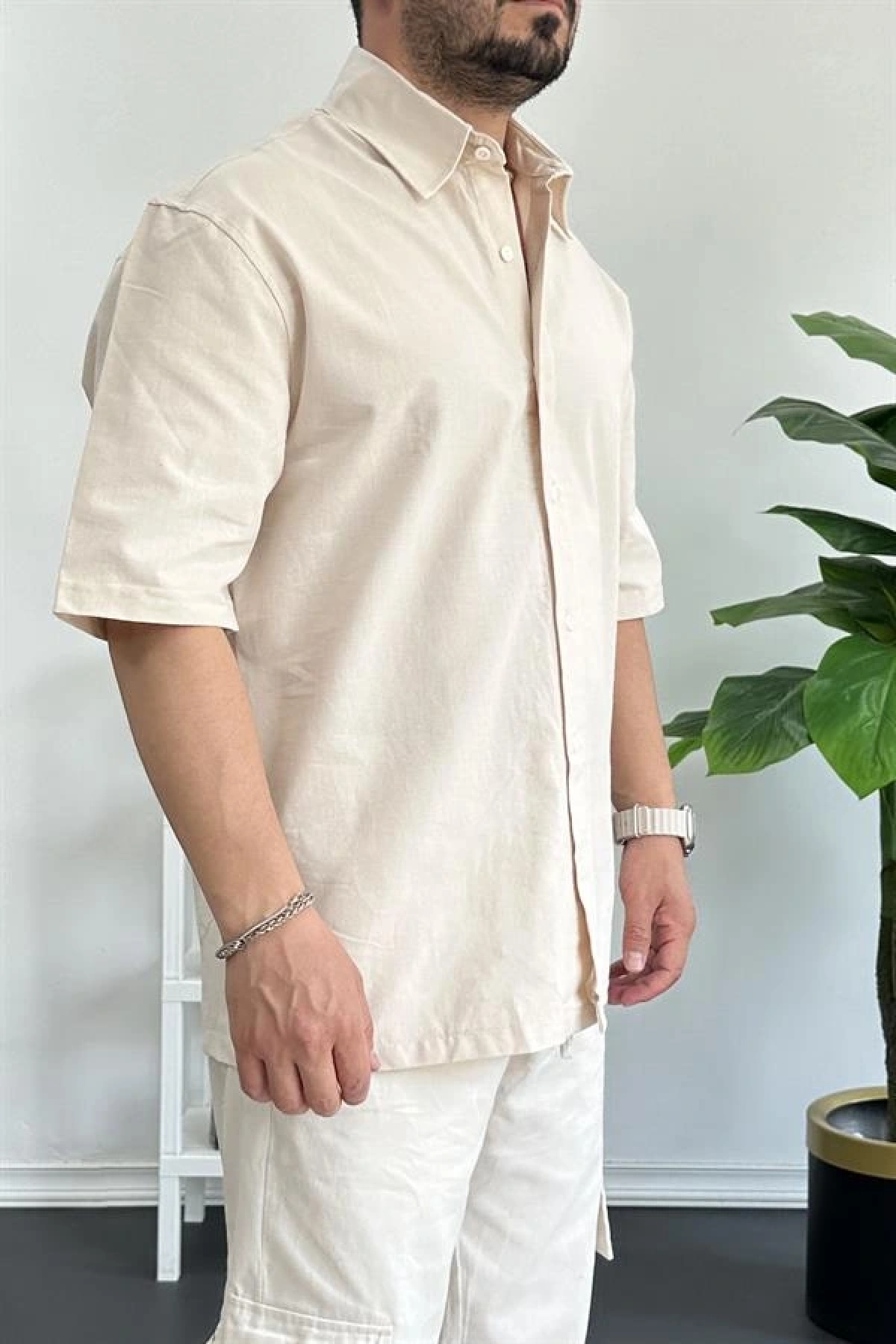 Erkek Oversize Büyük Kalıp Pamuklu Kumaş Krem edw363