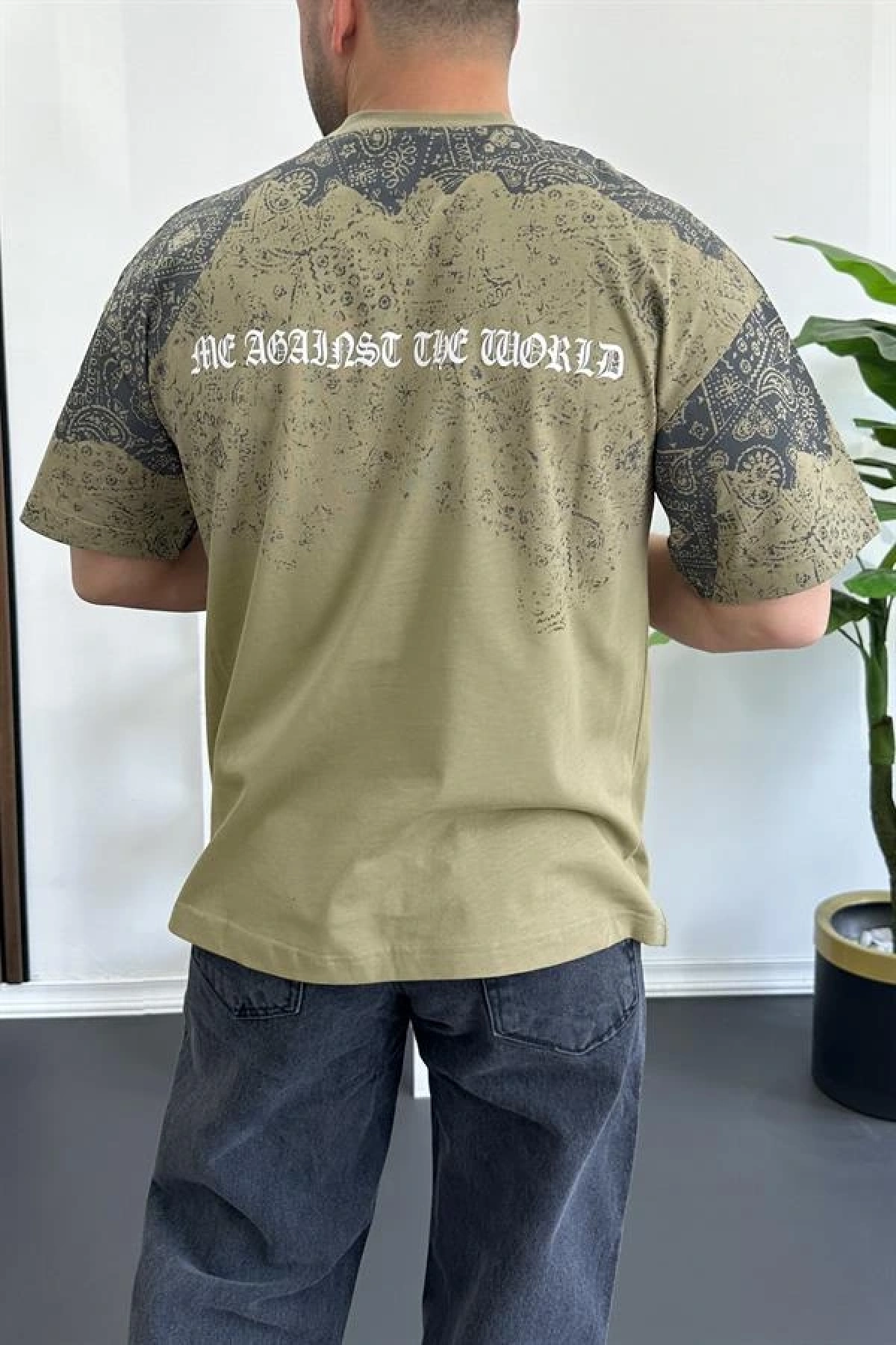 Erkek Oversize Ön ve arka baskılı Desenli Tişört Yeşil Edw369
