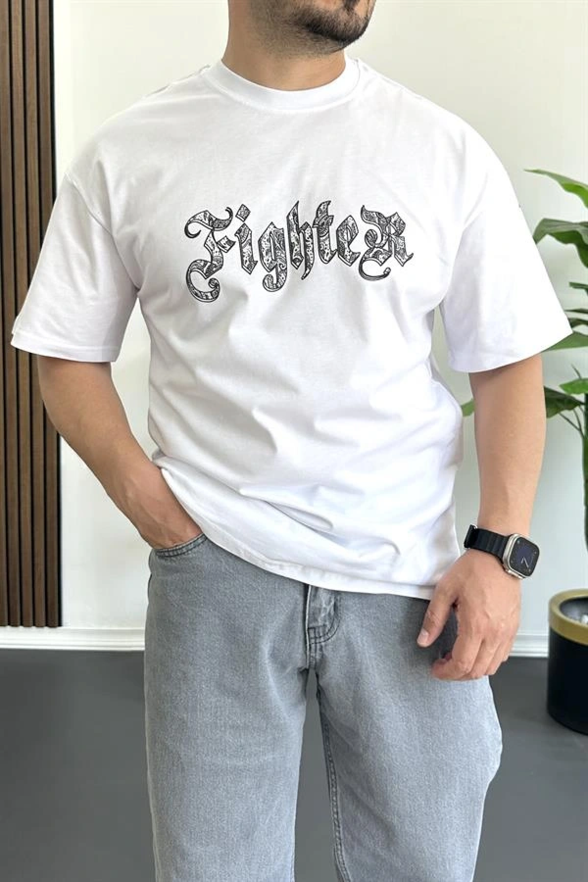 Erkek Oversize Ön ve Arka Kabartmalı Fighter Baskılı Tişört Beyaz Edw367