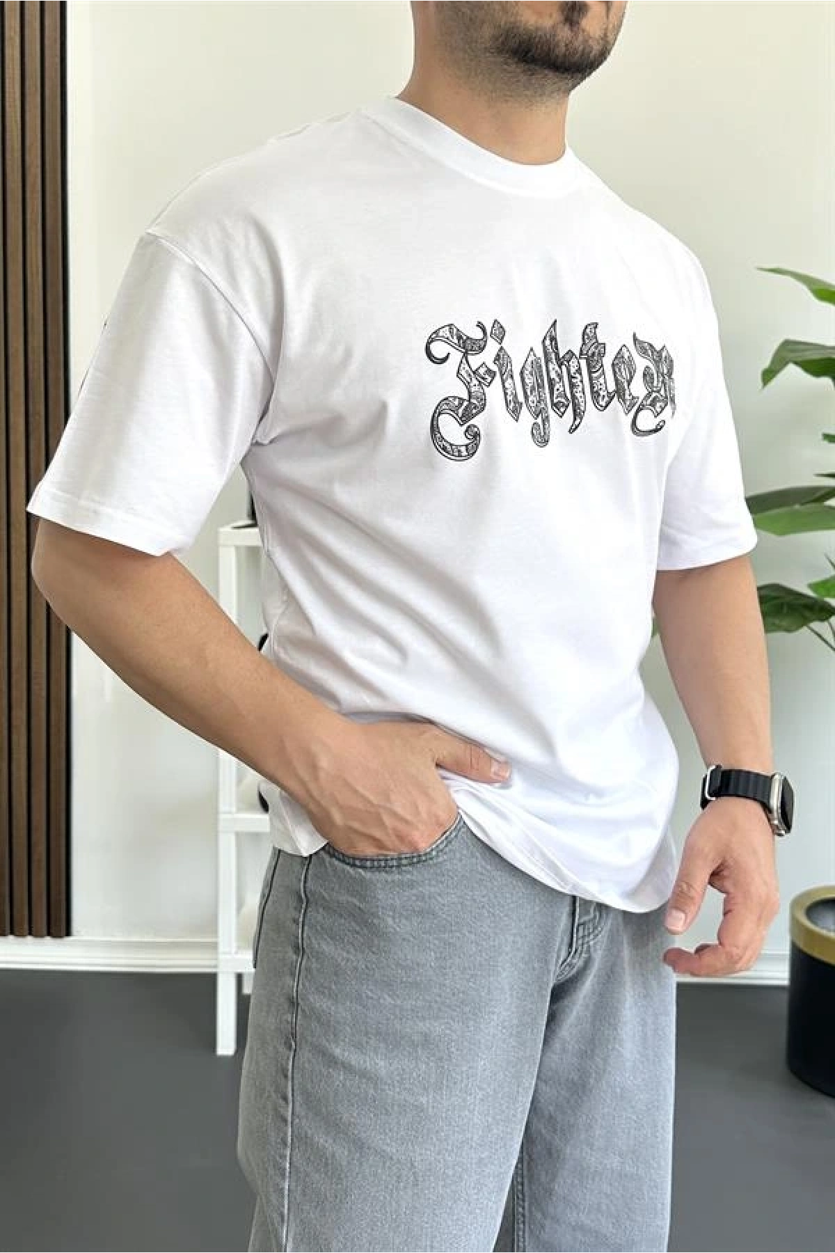Erkek Oversize Ön ve Arka Kabartmalı Fighter Baskılı Tişört Beyaz Edw367