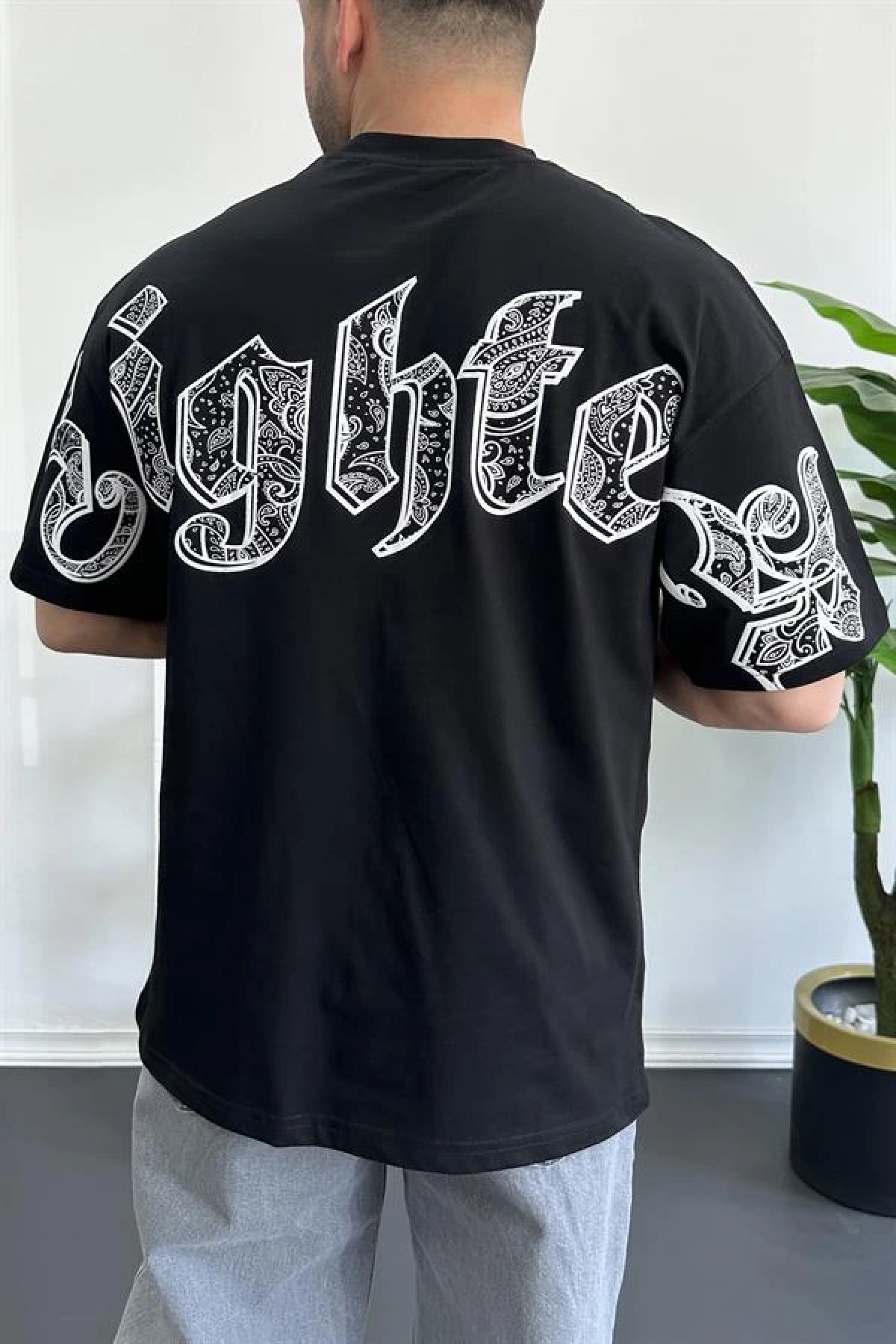 Erkek Oversize Ön ve Arka Kabartmalı Fighter Baskılı Tişört Siyah Edw367