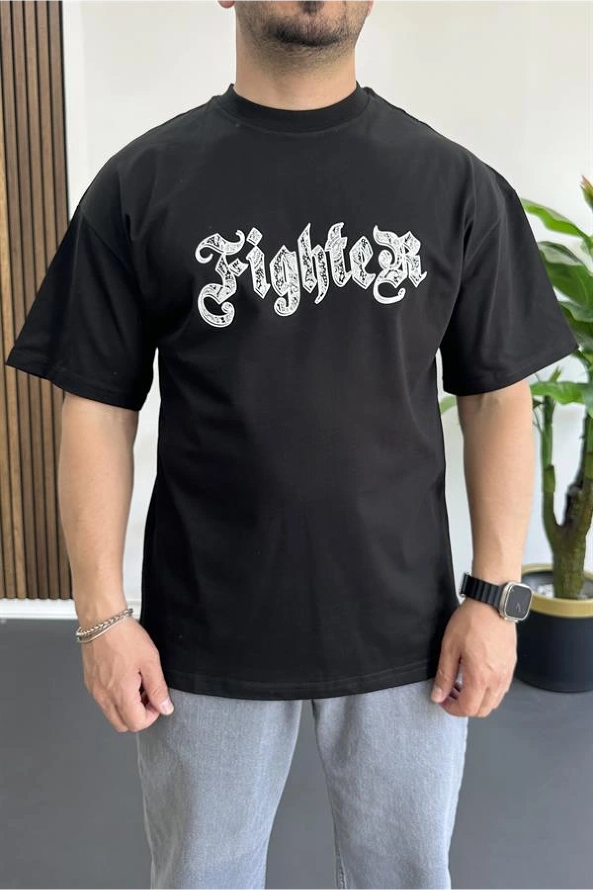 Erkek Oversize Ön ve Arka Kabartmalı Fighter Baskılı Tişört Siyah Edw367