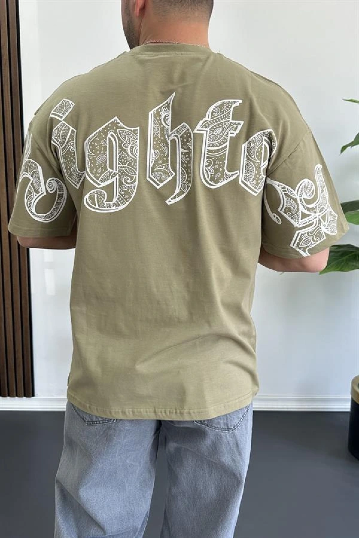 Erkek Oversize Ön ve Arka Kabartmalı Fighter Baskılı Tişört Yeşil Edw367