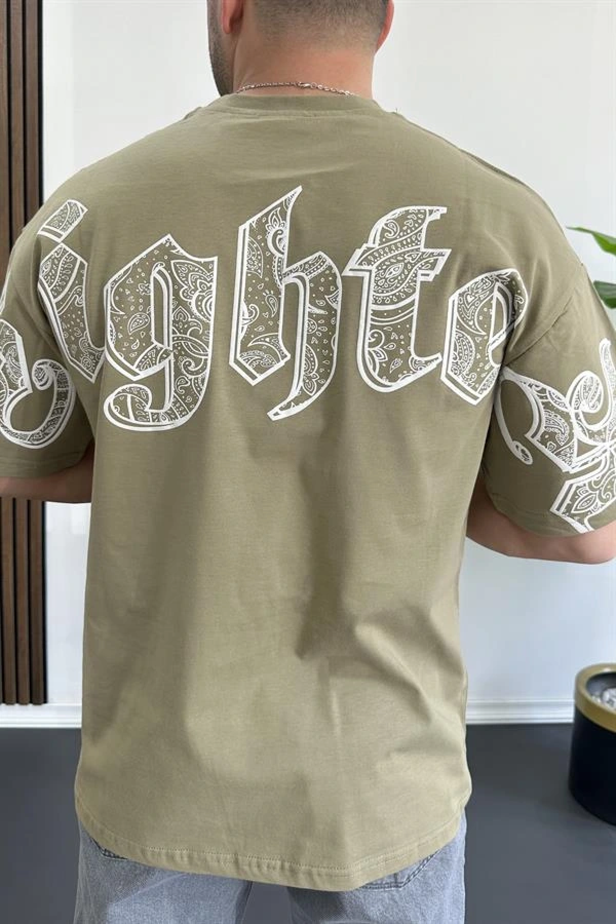 Erkek Oversize Ön ve Arka Kabartmalı Fighter Baskılı Tişört Yeşil Edw367