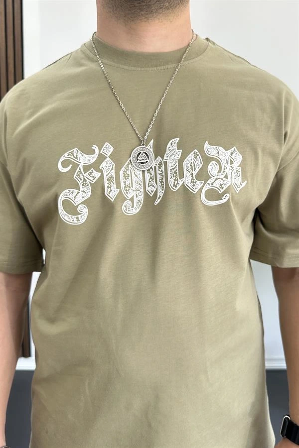 Erkek Oversize Ön ve Arka Kabartmalı Fighter Baskılı Tişört Yeşil Edw367