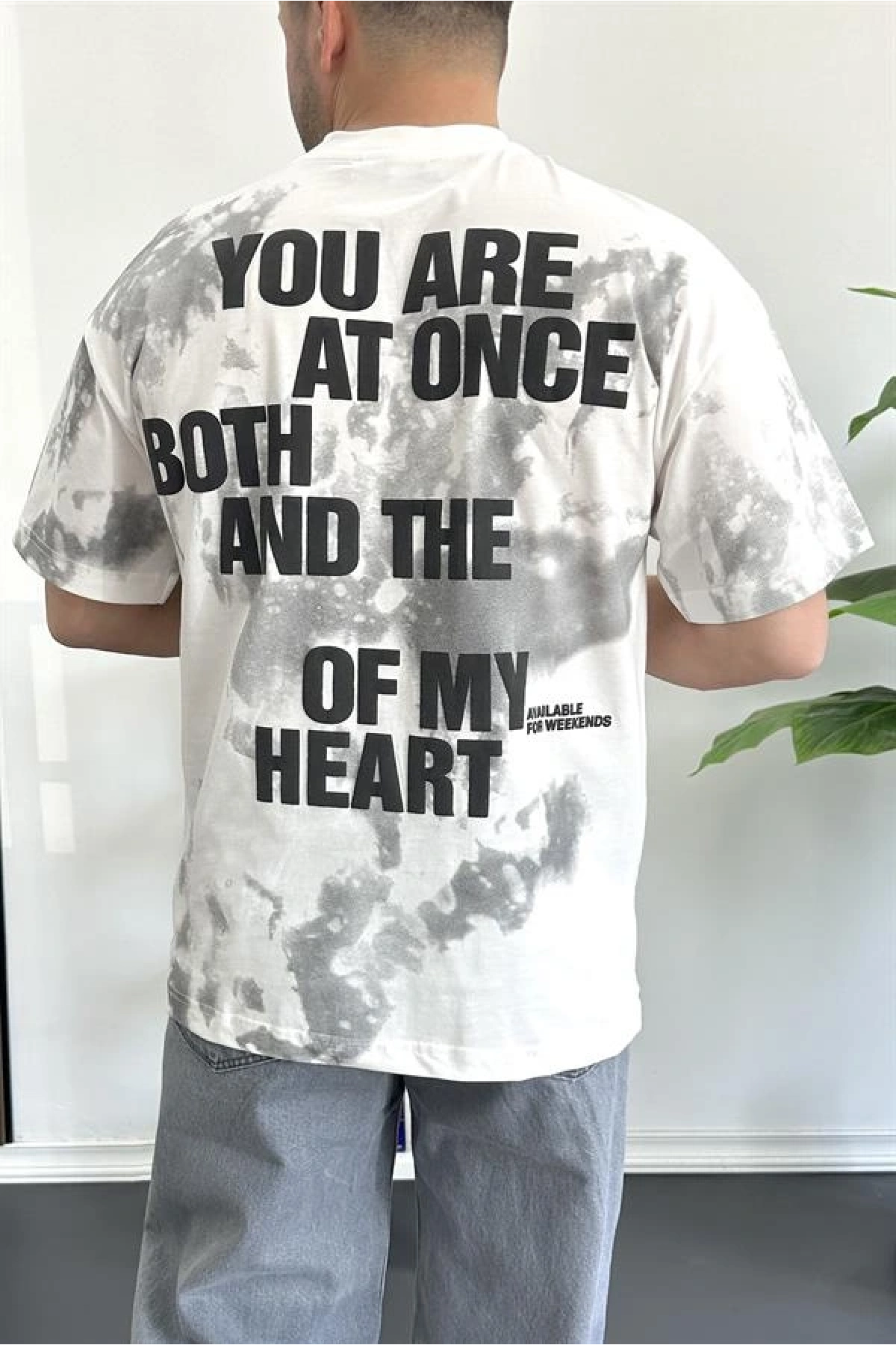 Erkek Oversize Ön ve Arka Kabartmalı Slogan Baskılı Tişört Beyaz Edw368