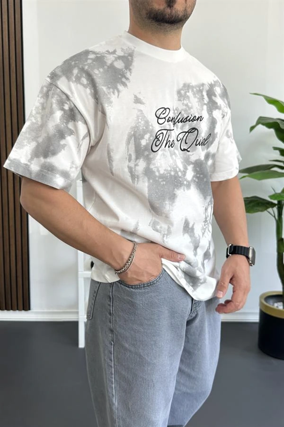 Erkek Oversize Ön ve Arka Kabartmalı Slogan Baskılı Tişört Beyaz Edw368