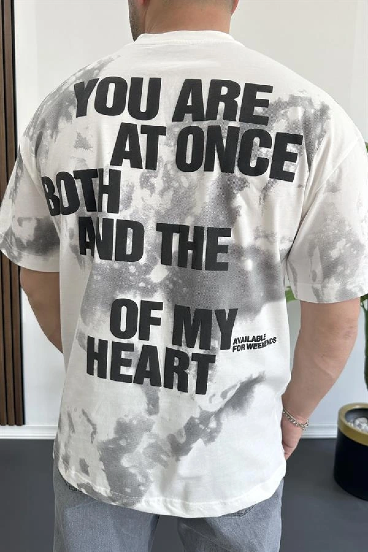 Erkek Oversize Ön ve Arka Kabartmalı Slogan Baskılı Tişört Beyaz Edw368