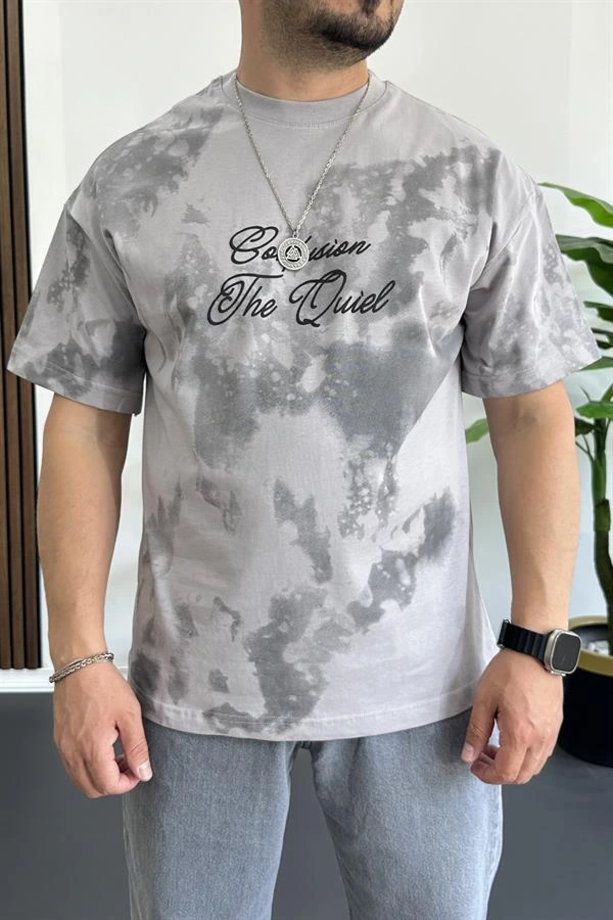 Erkek Oversize Ön ve Arka Kabartmalı Slogan Baskılı Tişört Gri Edw368