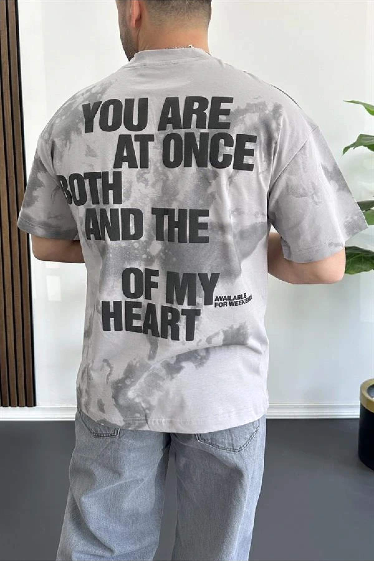 Erkek Oversize Ön ve Arka Kabartmalı Slogan Baskılı Tişört Gri Edw368