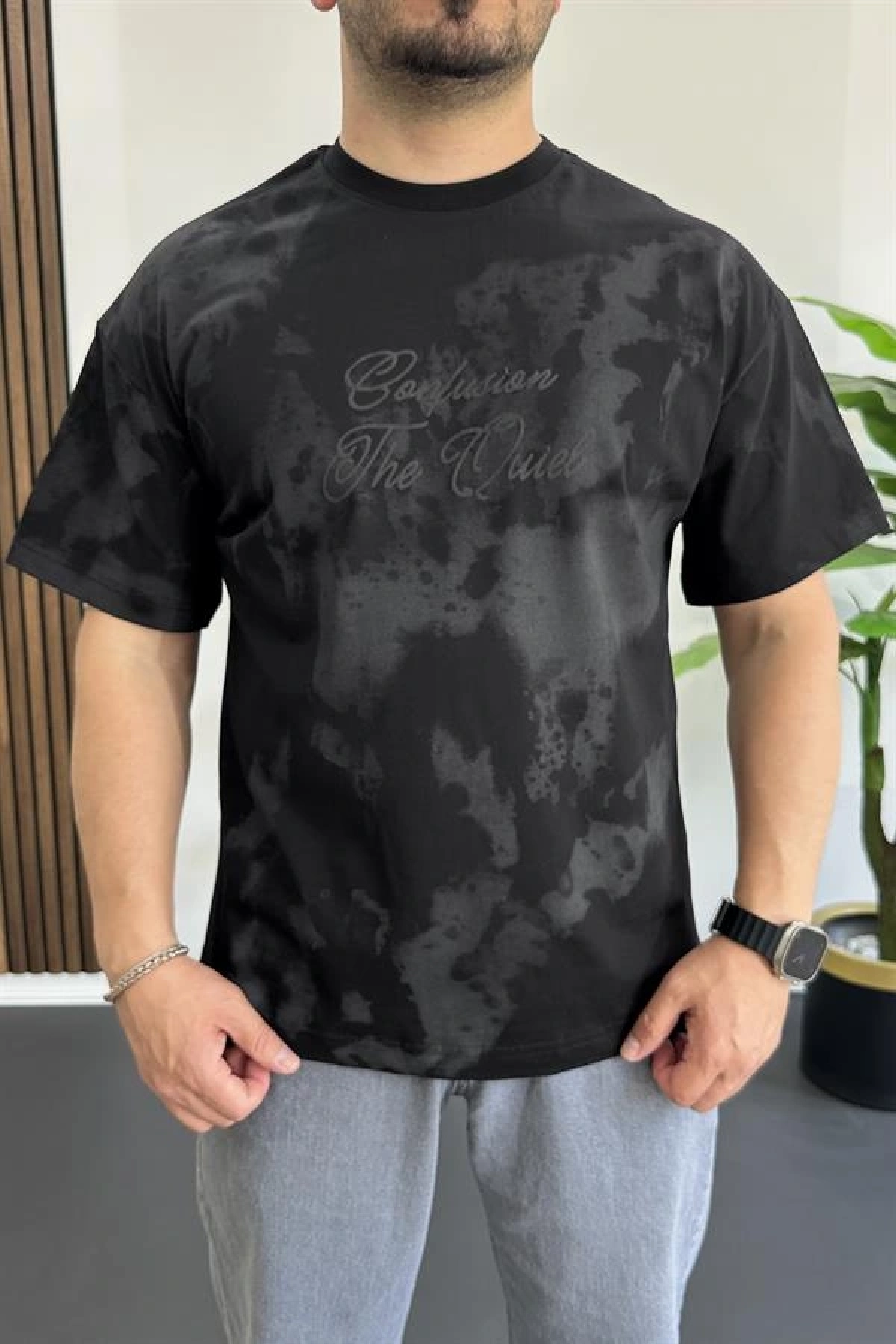 Erkek Oversize Ön ve Arka Kabartmalı Slogan Baskılı Tişört Siyah Edw368