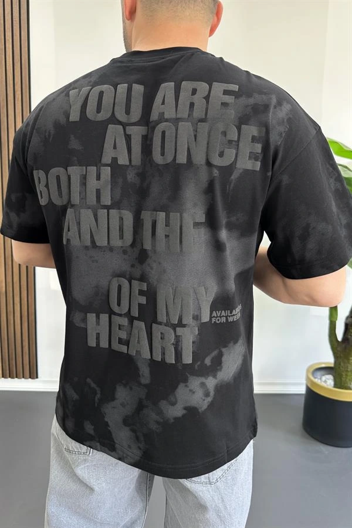 Erkek Oversize Ön ve Arka Kabartmalı Slogan Baskılı Tişört Siyah Edw368