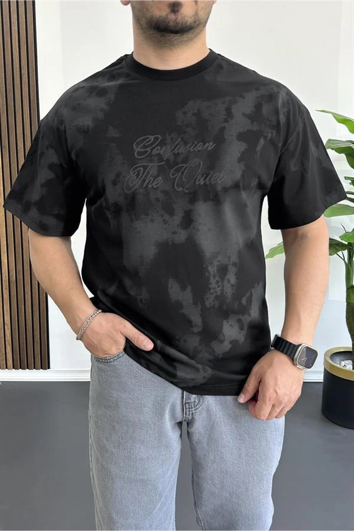 Erkek Oversize Ön ve Arka Kabartmalı Slogan Baskılı Tişört Siyah Edw368